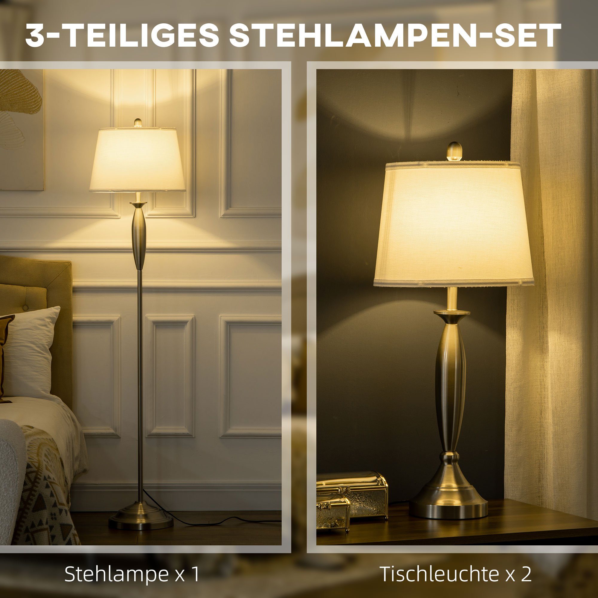 HOMCOM Stehlampe 3-teiliges inkl. 1 Stehleuchte, 2 Tischleuchten, E27 Fassung, für Wohnzimmer, Schlafzimmer, Silber+Weiß – Bild 4 von 5