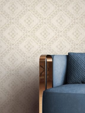 Newroom Vliestapete, Beige Tapete Grafisch Leicht Glänzend - Glanztapete Grafiktapete Gold Grau Geometrisch Modern Raute Punkte für Wohnzimmer Schlafzimmer Küche
