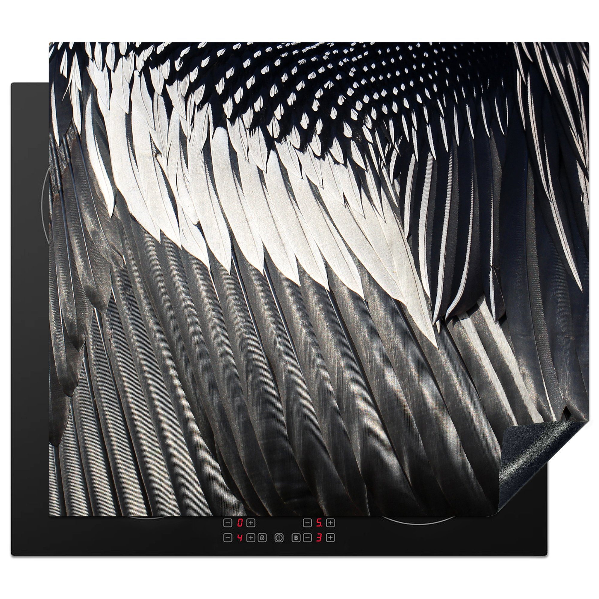 MuchoWow Herdblende-/Abdeckplatte Schwarze Federstrukturen, Vinyl, (1 tlg), 60x52 cm, Mobile Arbeitsfläche nutzbar, Ceranfeldabdeckung