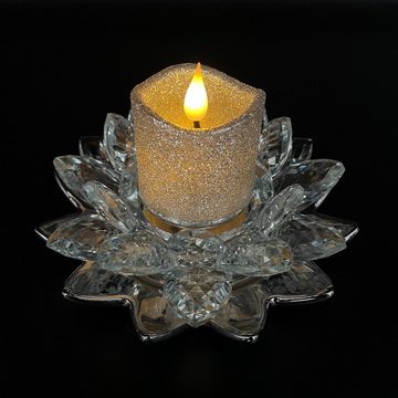 Online-Fuchs Kerzenständer in Lotusblüten-Optik aus Glas mit LED Kerze Votivkerze SILBER 545 (Kerze mit Glitzerüberzug), Kerzenhalter: 13 x 8 cm, Kerze: 5x4,7 cm, Teelichthalter