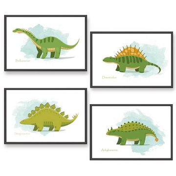Himmelzucker Poster Dino Poster DIN A4 Wandbilder für Kinderzimmer Babyzimmer Dinosaurier, Set_A (4-teiliges Poster-Set, 4 St), Tierbilder Kinderposter, Babyposter für Junge (DIN A4 ohne Rahmen)