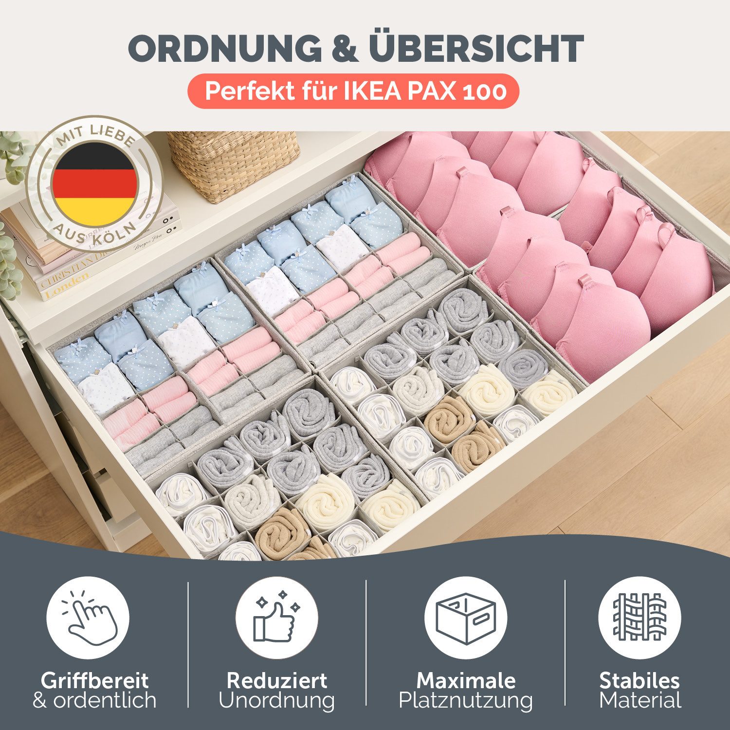 Blumtal Faltbox Kompatibel HEMNES, MALM, PAX Organizer Ordnungssystem Kleiderschrank (6 St), Faltboxen für BHs, T-Shirts - Boxen für Schrank – Bild 3 von 5