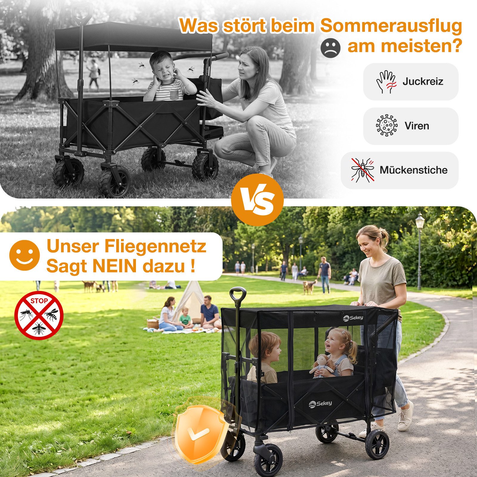 Sekey Kinderwagen-Insektenschutz Fliegengitter Moskitoschutz für Bollerwagen Faltbar mit Dach, Schwarz, Fliegenvorhang mit vier Reißverschlüssen, 110 x 60 x 75 cm