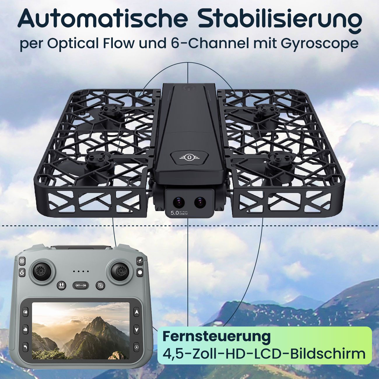 Casativo Duall-Full-HD Kamera Drohne faltbar mit 4,5" FPV Reichweite 120 m Drohne (4D Ultra-HD - 1280 x 720, 25 fps und 852 x 720, 25 fps, 3 Fluggeschwindigkeiten, Flugzeit max. 25 Minuten, 13.7 x 9 x 3.5 cm) schwarz