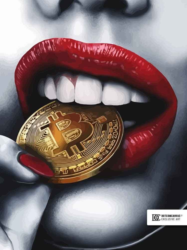 Bitcoin rote goldener Lippen Rahmen Bitcoin DOTCOMCANVAS® Crypto Girl, Erotik mit Leinwandbild girl elegant Leinwandbild Münze