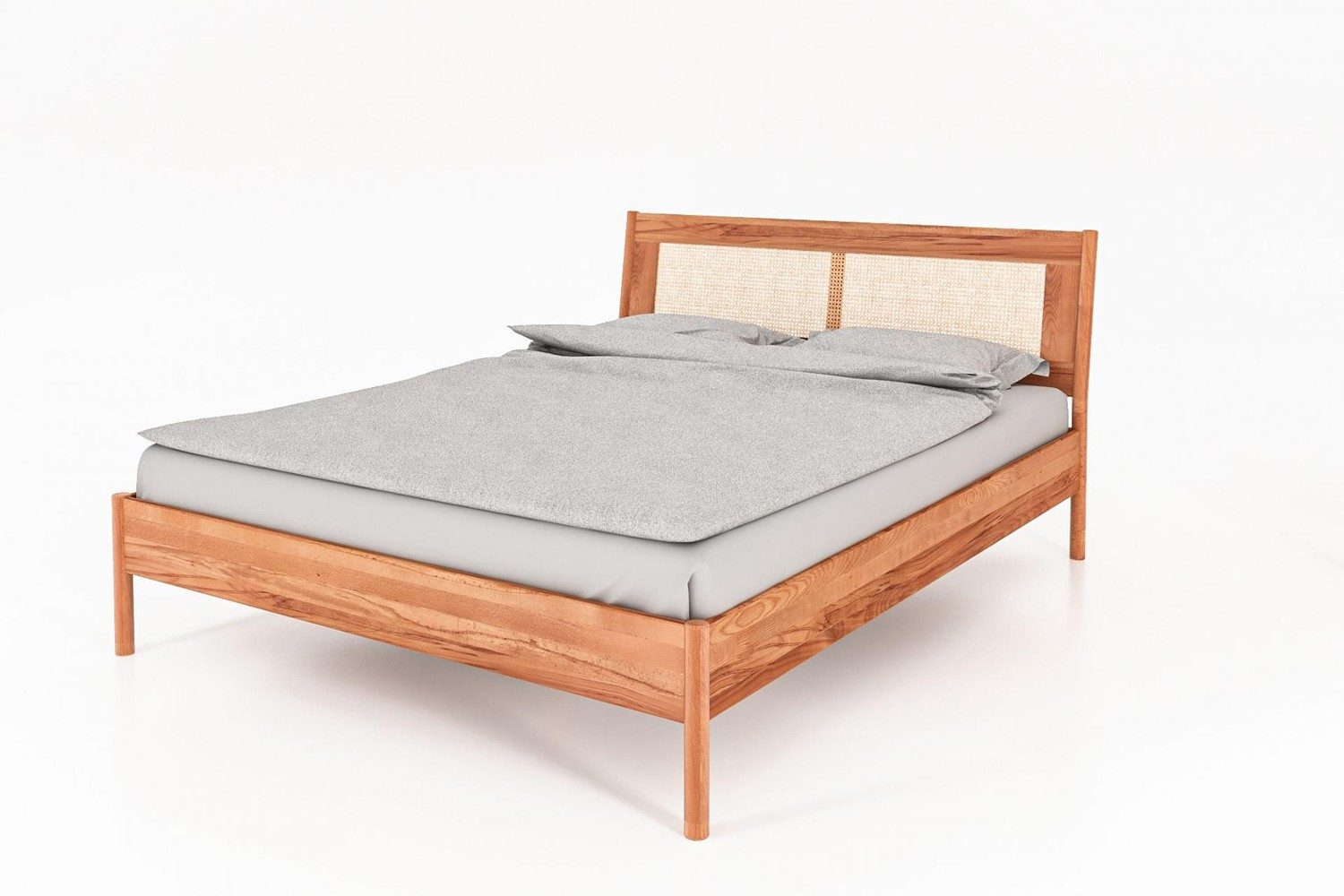 Natur24 Bett Bett Zola 2 Kernbuche massiv 200x200 mit Rattankopfteil und Holzbeinen