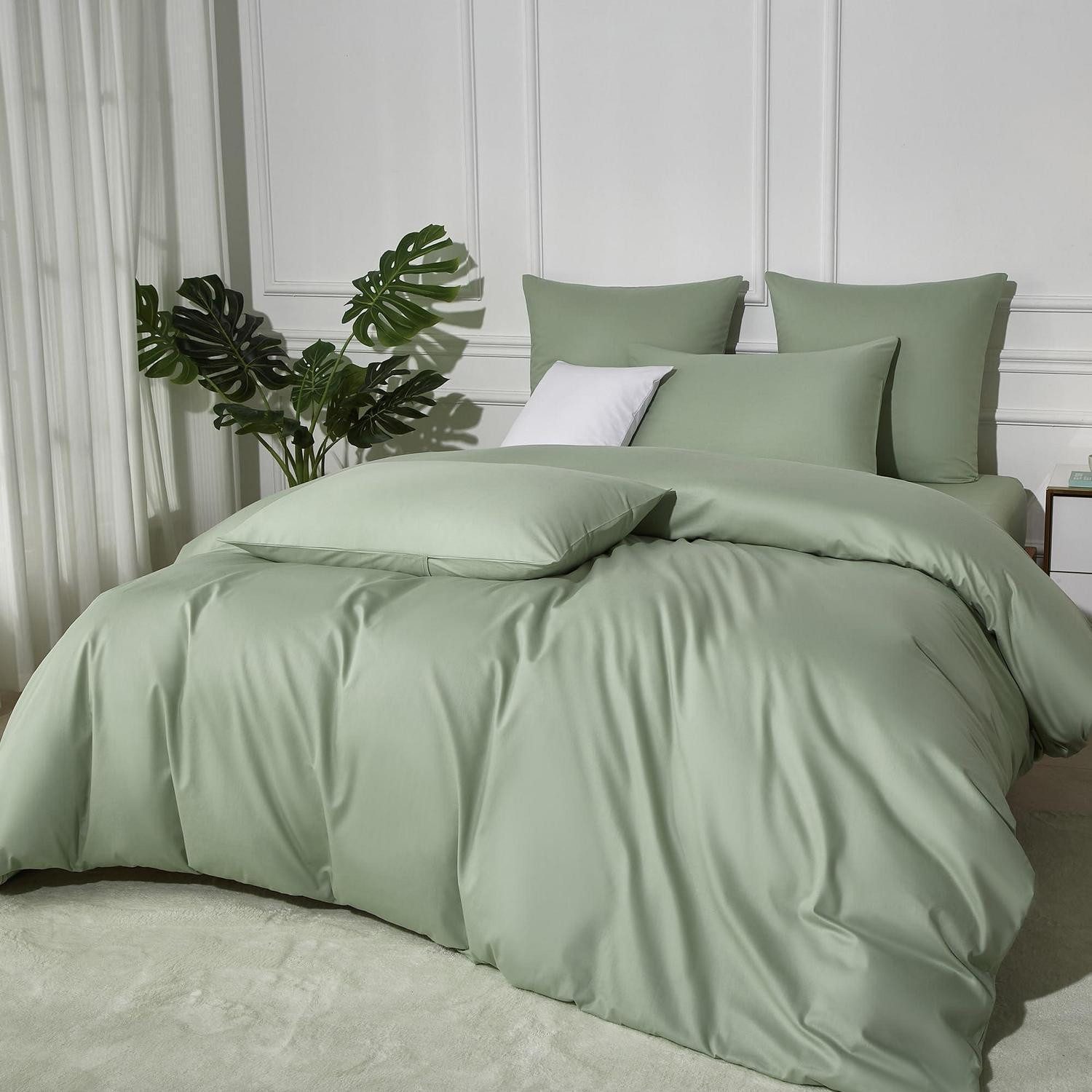 LuxusKollektion Bettwäsche Bettwäsche Set 155x220 Salbeigrün Uni Baumwolle 3-teilig