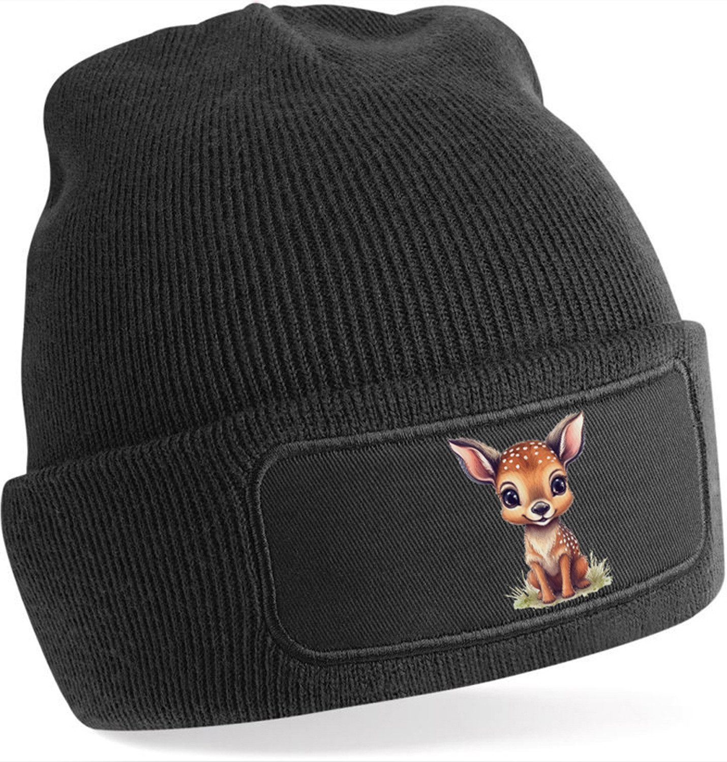Strickmütze mit niedlichem Reh print - Beanie mit Umschlag
