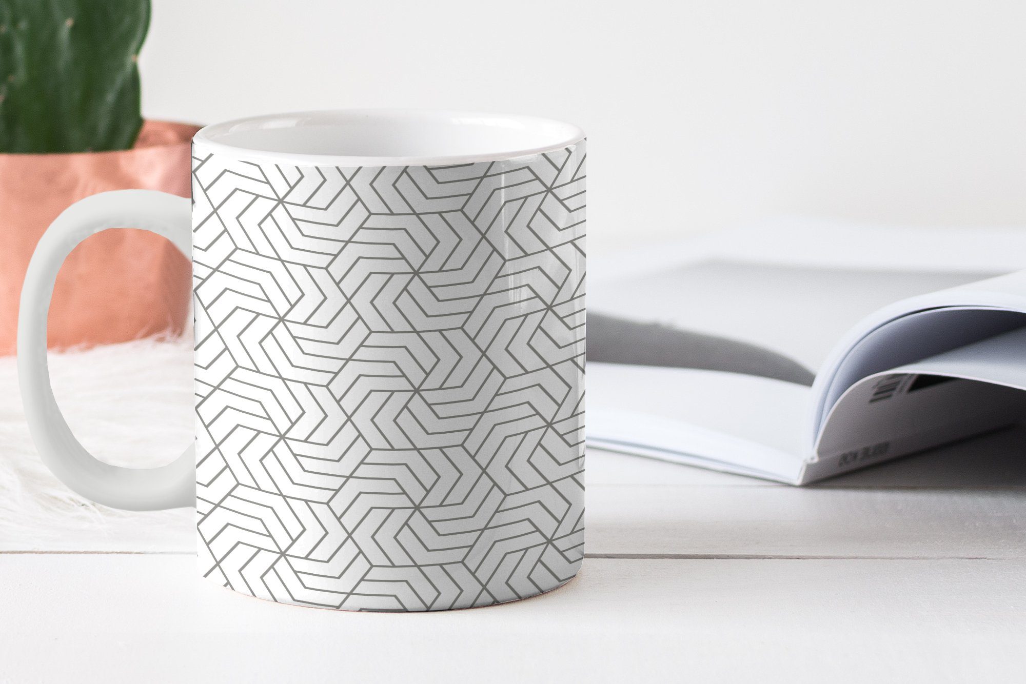 Keramik, Schwarz Muster, - Linie - Weiß - Becher, MuchoWow Geschenk Geometrie - Teetasse, Kaffeetassen, Tasse Teetasse,