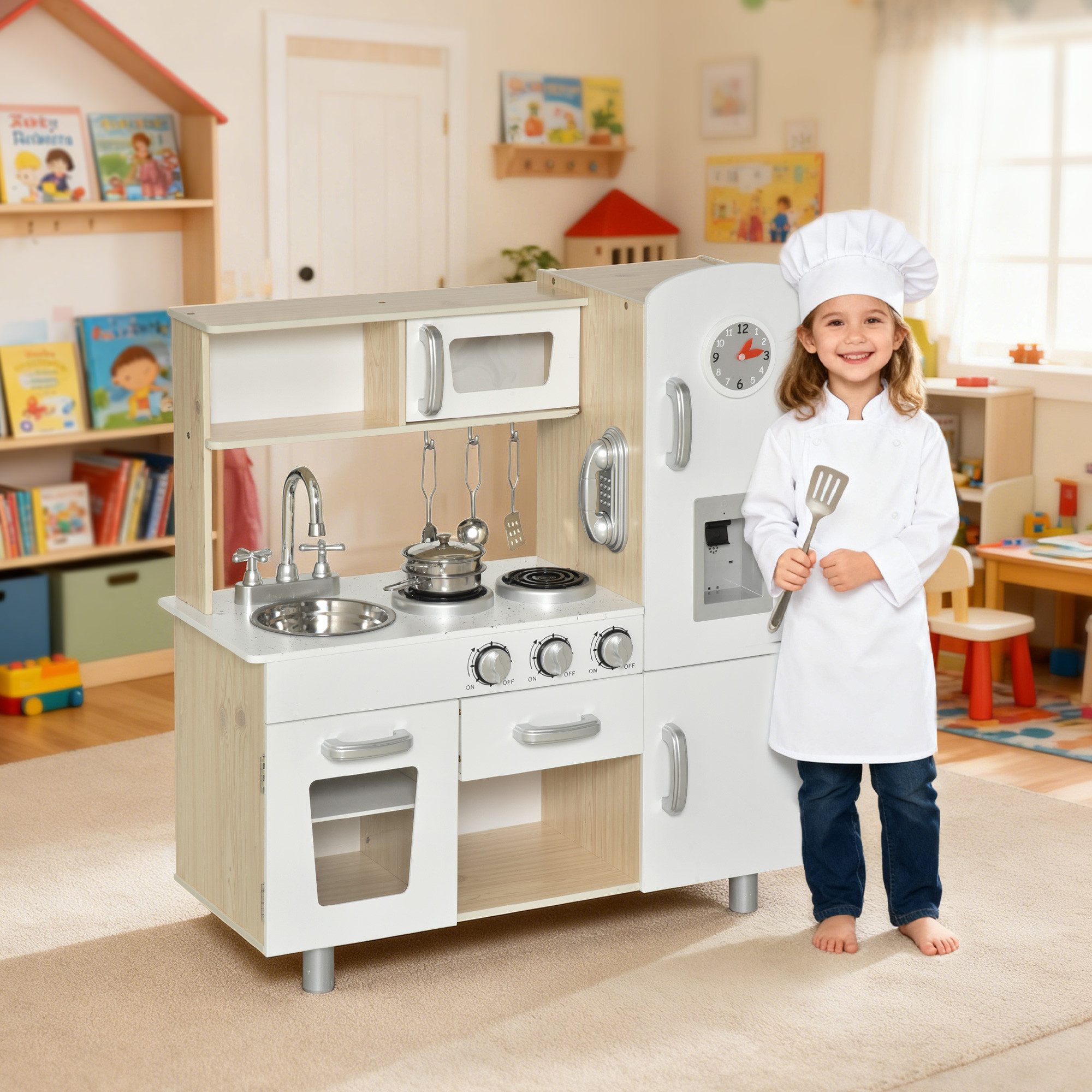 HOMCOM Spielküche Kinderküche Puppenküche Geschenk für Kinder Mädchen Weiß Kiefer, MDF