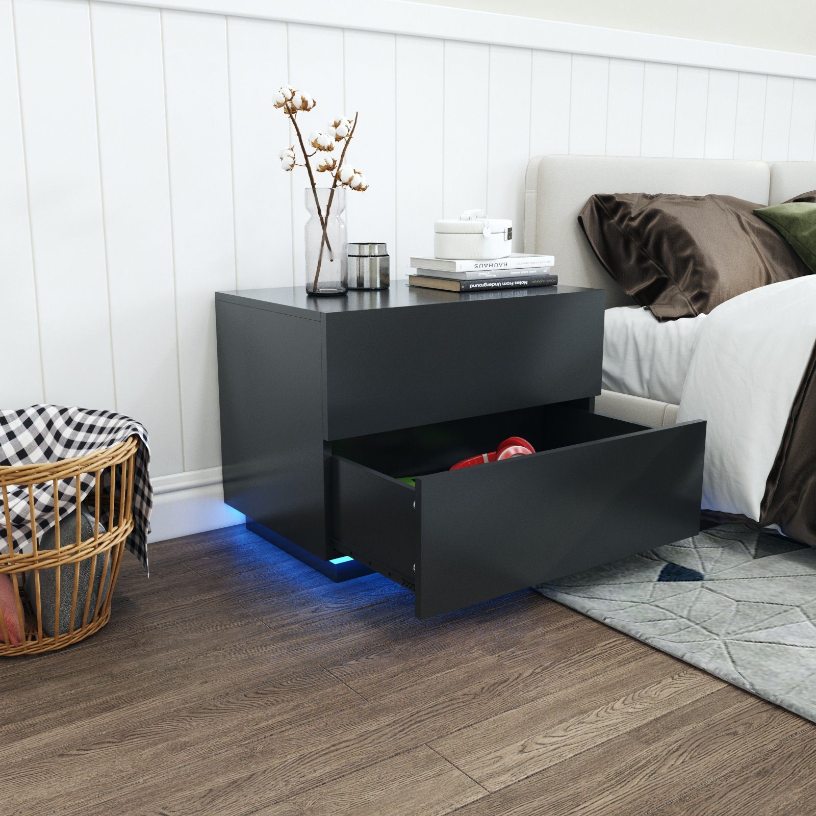 Nachttisch schwarz mit Nachtkommode, 60x39x45cm USB-LED-Lampe, Mondeer LED Hochglanz-Nachttisch