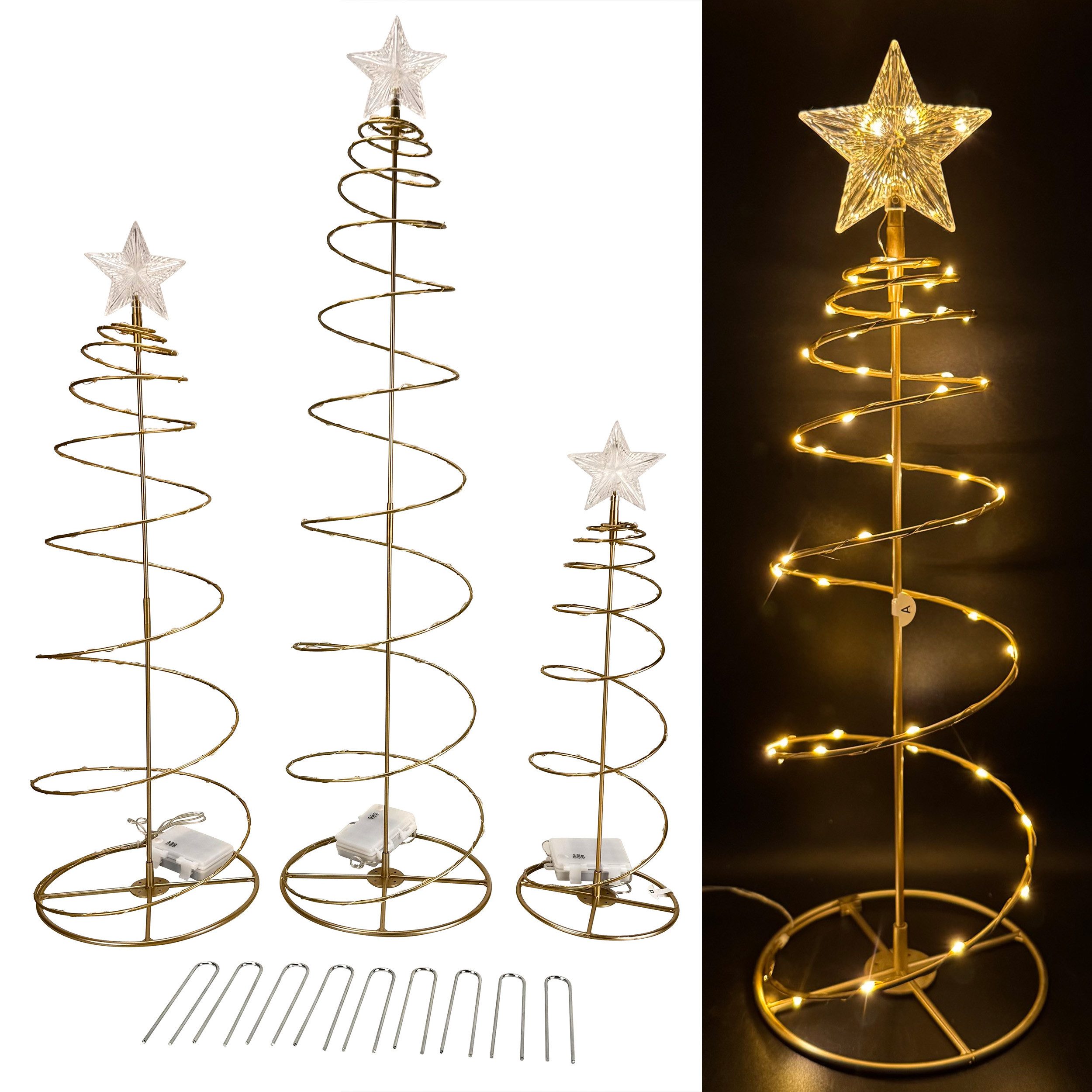 Online-Fuchs LED Baum 3er Set Lichterbäume mit Sternenspitze - Weihnachtsdeko für draußen, Indoor & Outdoor, Lichterketten mit 233 warmweißen LED´s, inklusive 6-Stunden Timerfunktion - mit Batterien