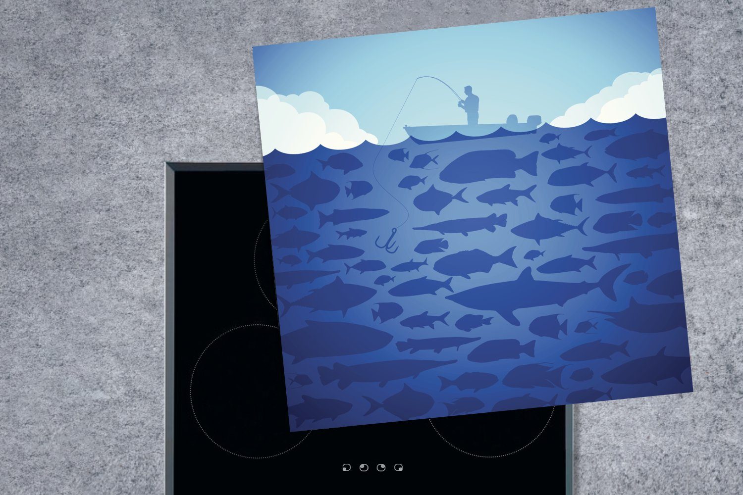 MuchoWow Herdblende-/Abdeckplatte Illustration eines tlg), Mannes Fischen, beim küche Arbeitsplatte Vinyl, cm, für (1 Ceranfeldabdeckung, 78x78