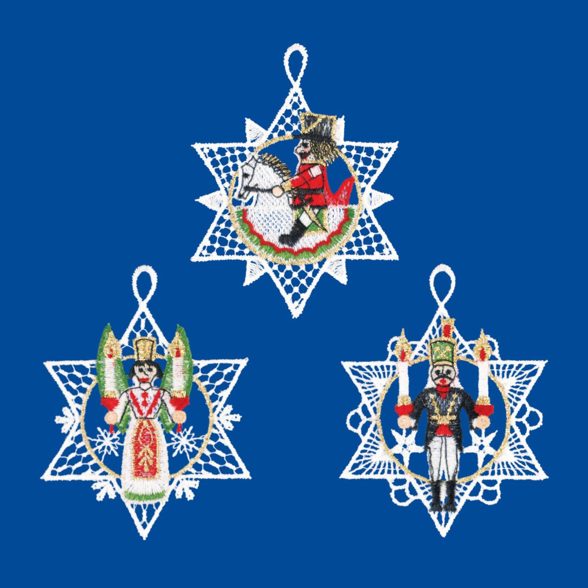 W. Reuter & Sohn - Plauener Spitze® Christbaumschmuck Baumbehang "Erzgebirge", 3er Set, je 8 x 11 cm, Plauener Spitze