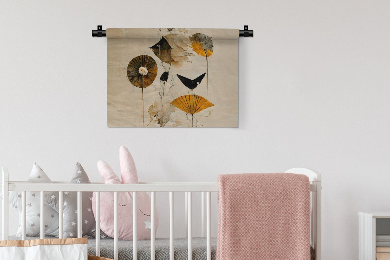 MuchoWow Wanddekoobjekt Blumen - Schlafzimmer, - Pflanzen Vintage Wandbehang, Wanddeko Kleid, Gold, für Wohnzimmer, - Kinderzimmer