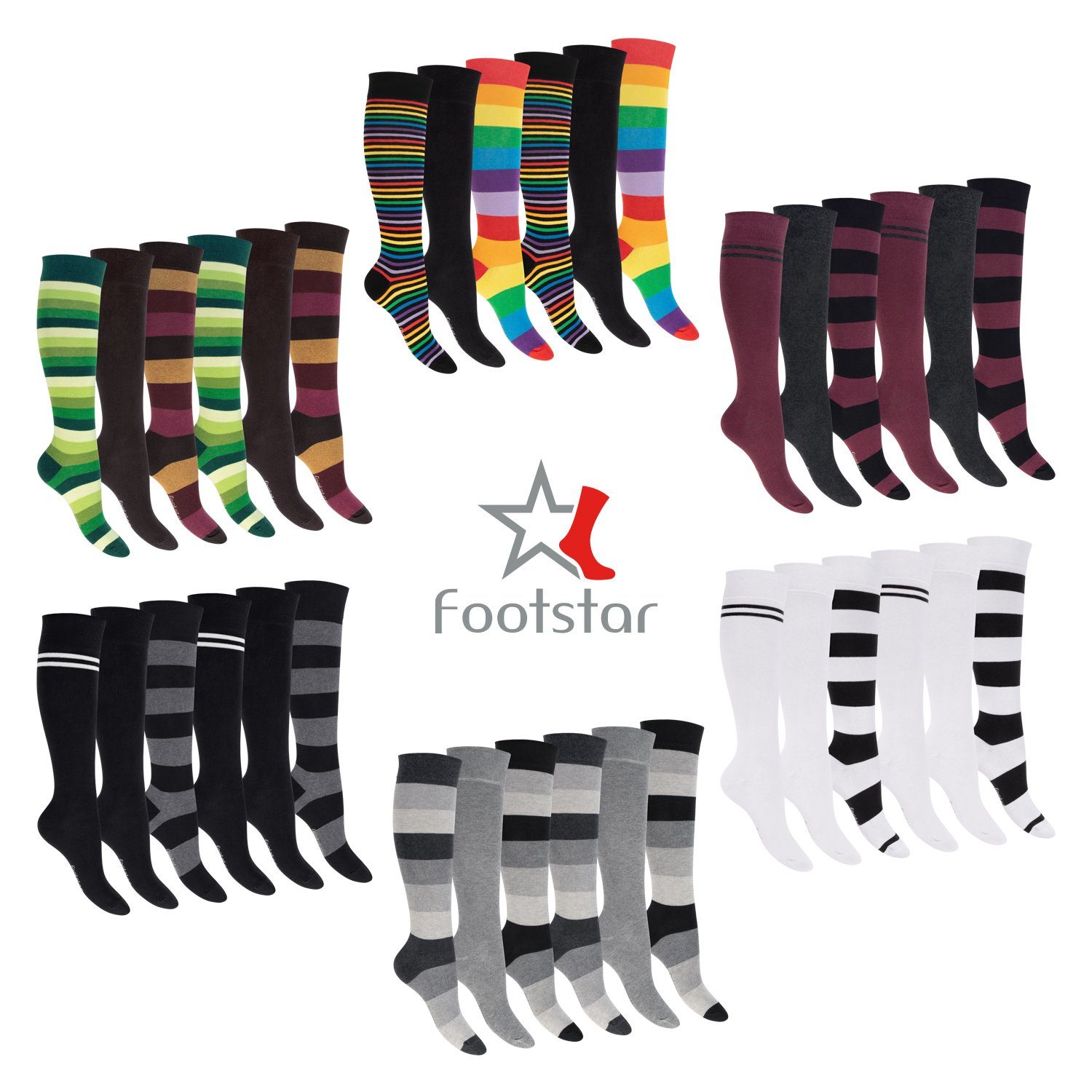 Kniestrümpfe Weiß Paar) geringelt Langsocken (6 Damen Footstar