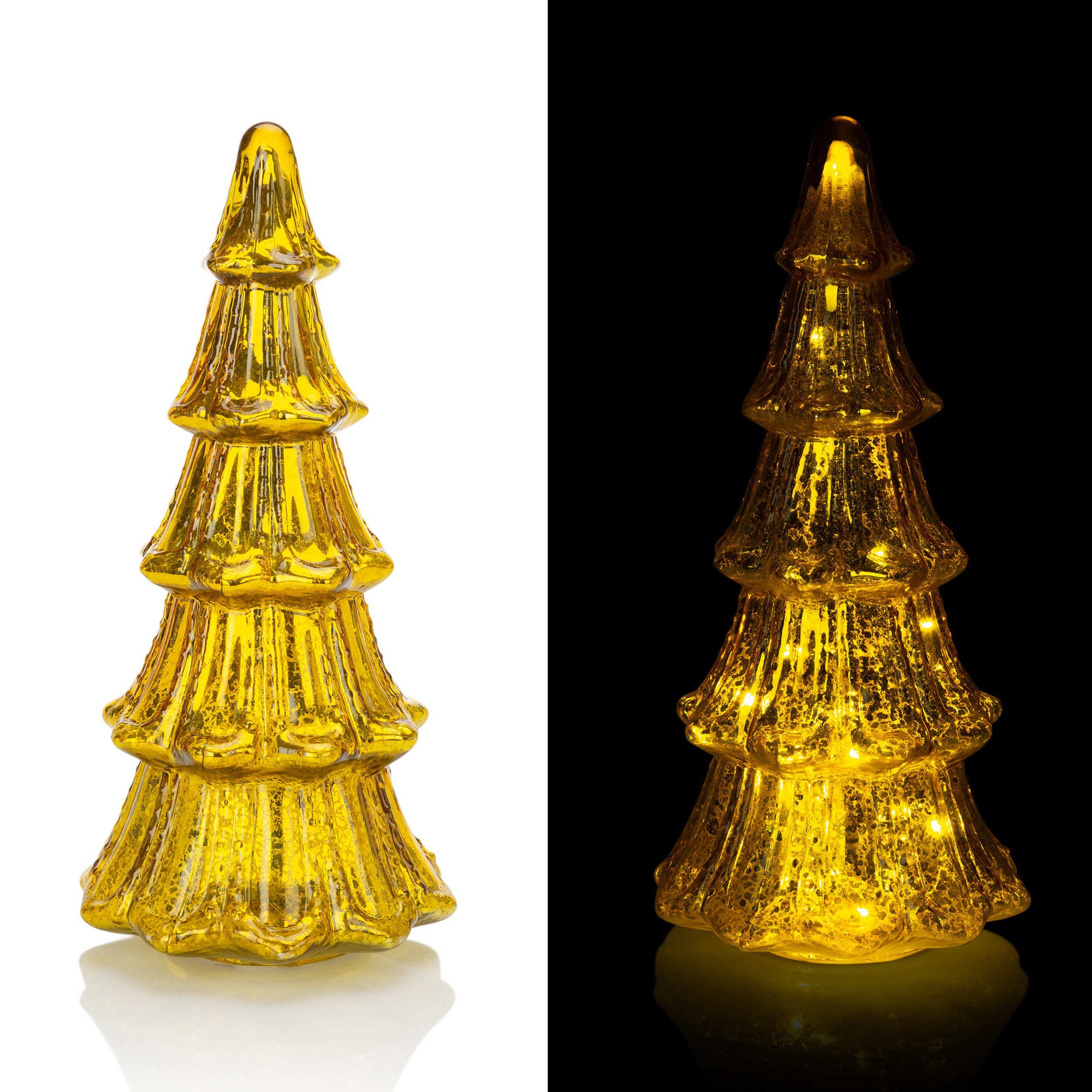 Online-Fuchs LED Dekoobjekt als Tannenbaum aus Glas mit LED-Lichterkette im  Inneren, LED fest integriert, Lichtfarbe: gelblich, Weihnachts-Deko, Maße:  ca. 36 x 18 cm, in Crankle-Optik, Gold-Gelb