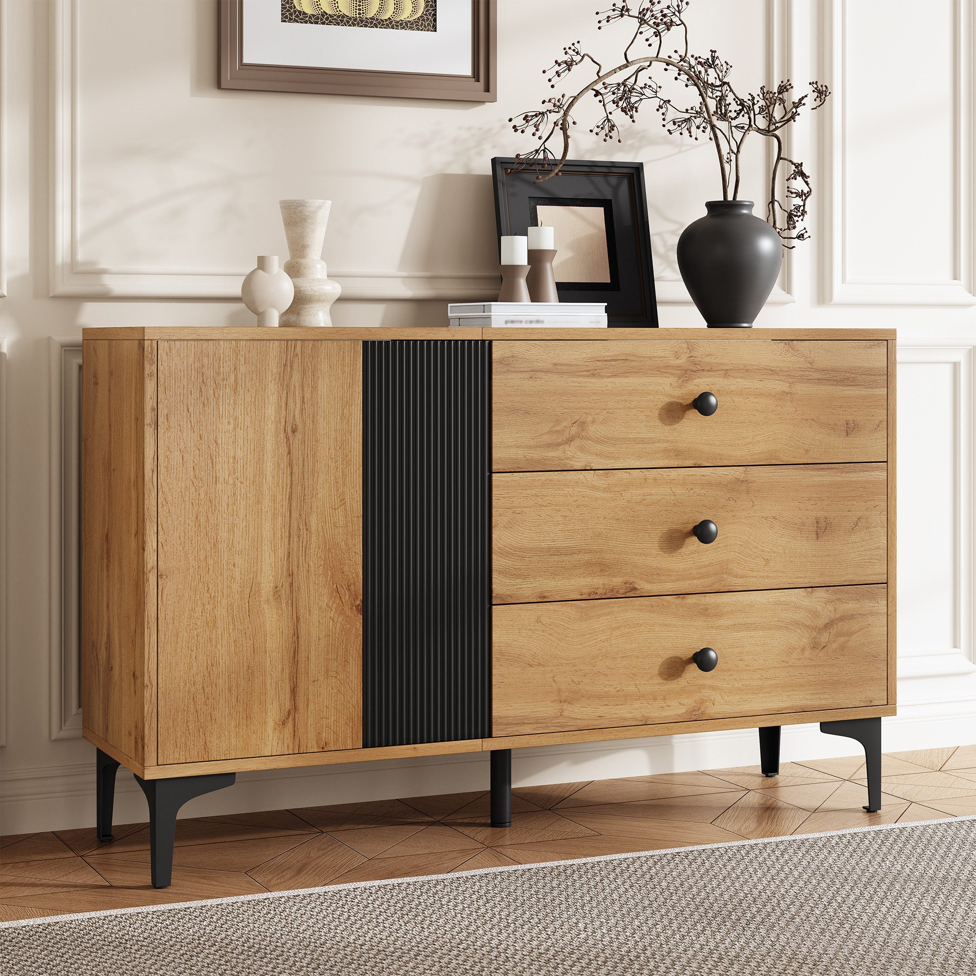 OKWISH Sideboard 120x35x76 cm mit Tür und 3 Schubladen – natur/schwarz (Pac günstig online kaufen