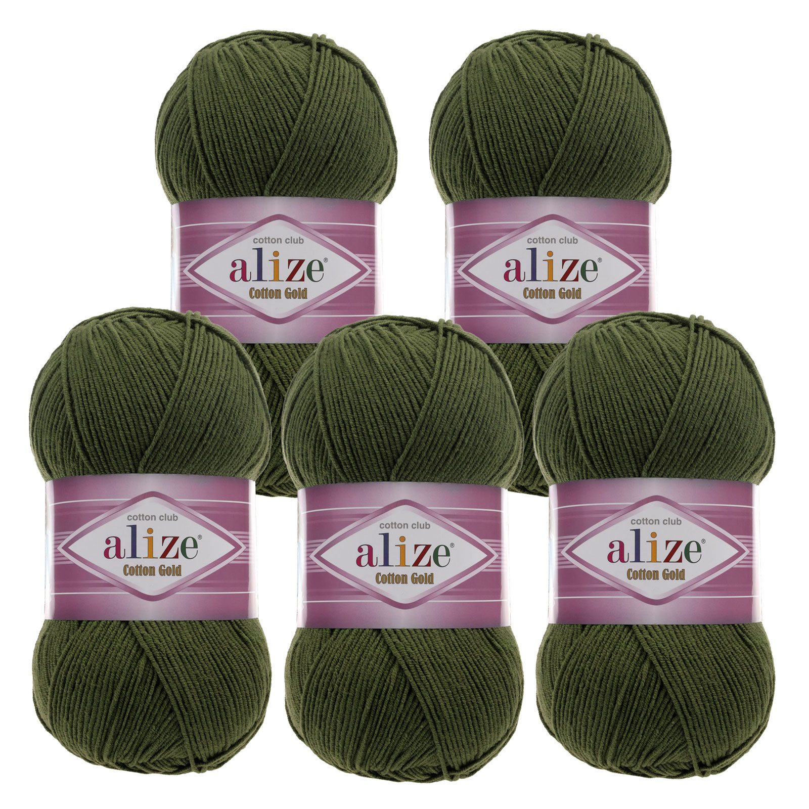 Alize 5 x 100g Strickgarn Alize Cotton Gold Uni Klassikgarn Häkelgarn Häkelwolle, 1650 m, 29 olivgrün