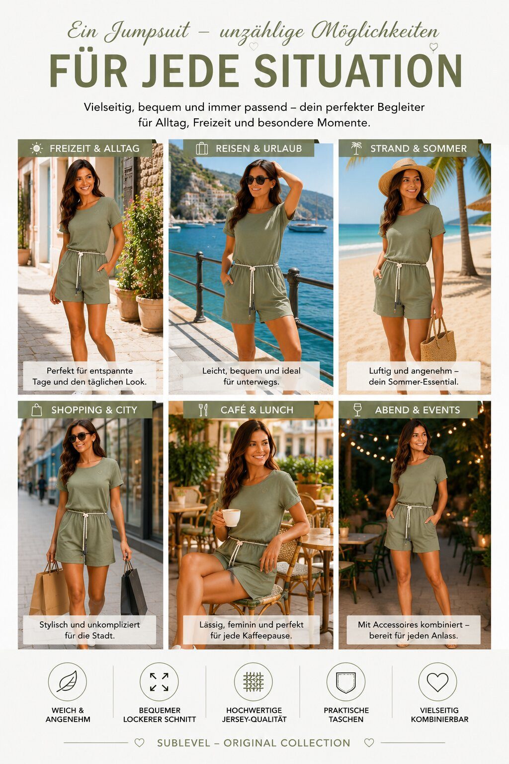 SUBLEVEL Jumpsuit Damen Sommer Overall mit Flechtgürtel Taschen & Turn-Up Ärmeln Perfekte Passform Hochwertige Verarbeitung, Angenehm weich & bequem – Bild 5 von 5