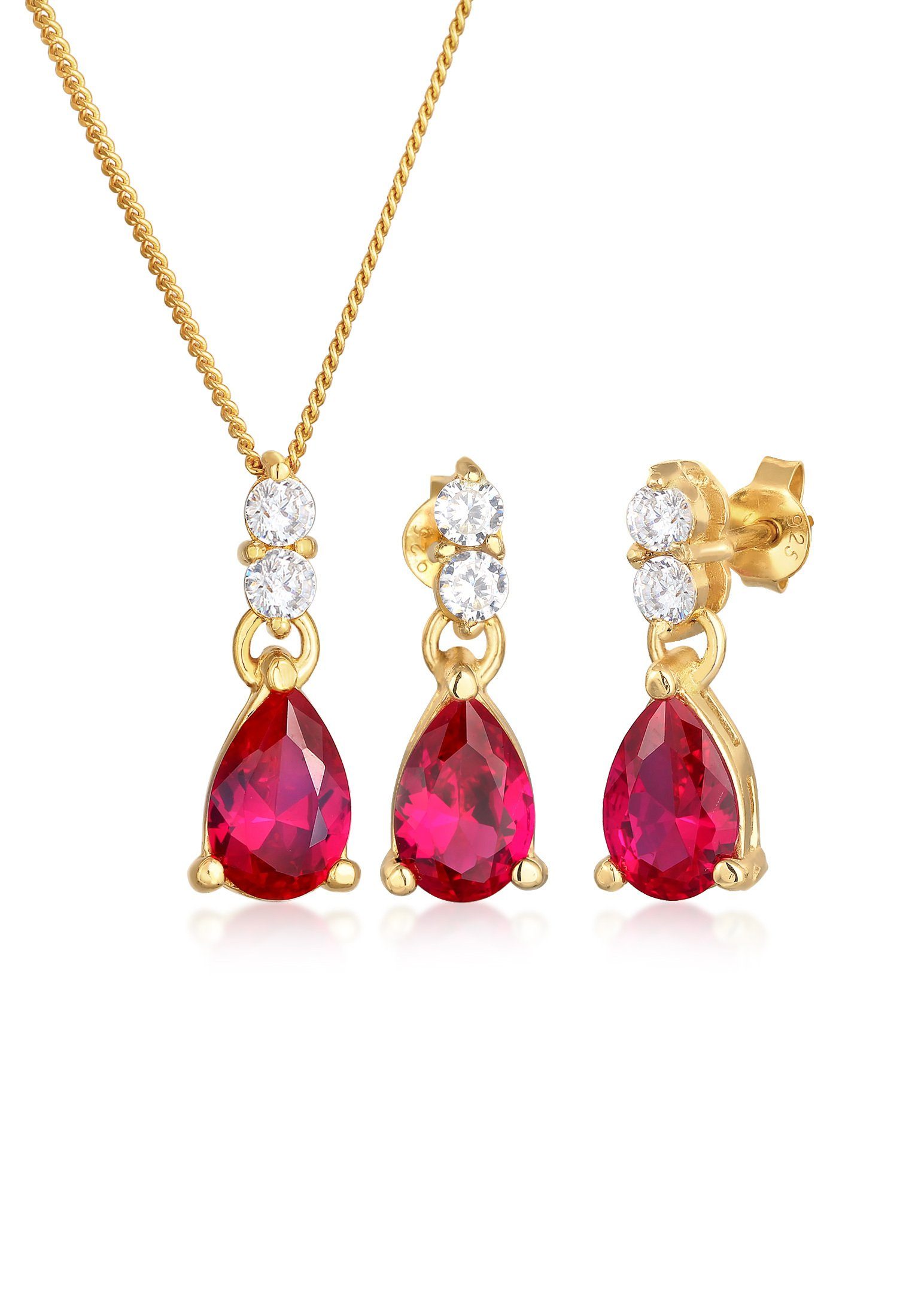 Elli Premium Schmuckset Kette Ohrhänger Syn. Rubin Zirkonia 925 Silber, Tropfen