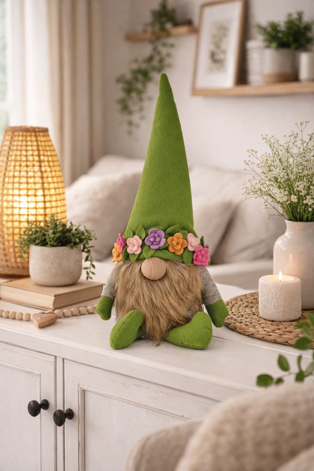 XiRRiX Wichtel Gnom Frühling Sommer mit Blumenmütze grün (H: 33 cm) (H: 33 cm, Osterdeko Frühlingsdeko Wichtel), mit süßer Knubbelnase, niedlichem Bart und tollem Blumendekor.