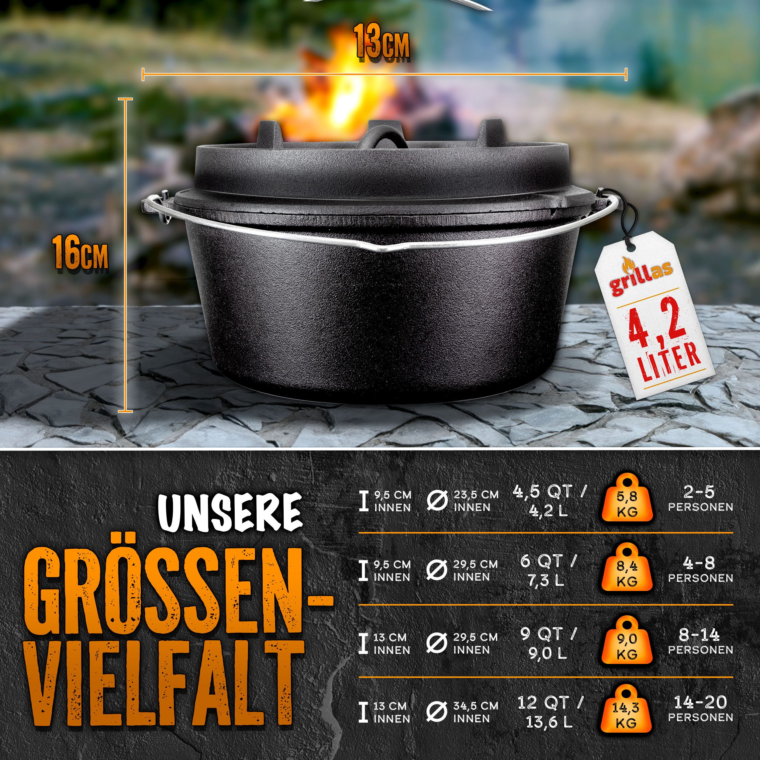 grillas Grilltopf grillas Dutch Oven Set mit Deckelheeber BBQ Gusseisen Feuertopf Gussto, Gusseisen (Dutch Oven Set, Feuerstelle), Henkel