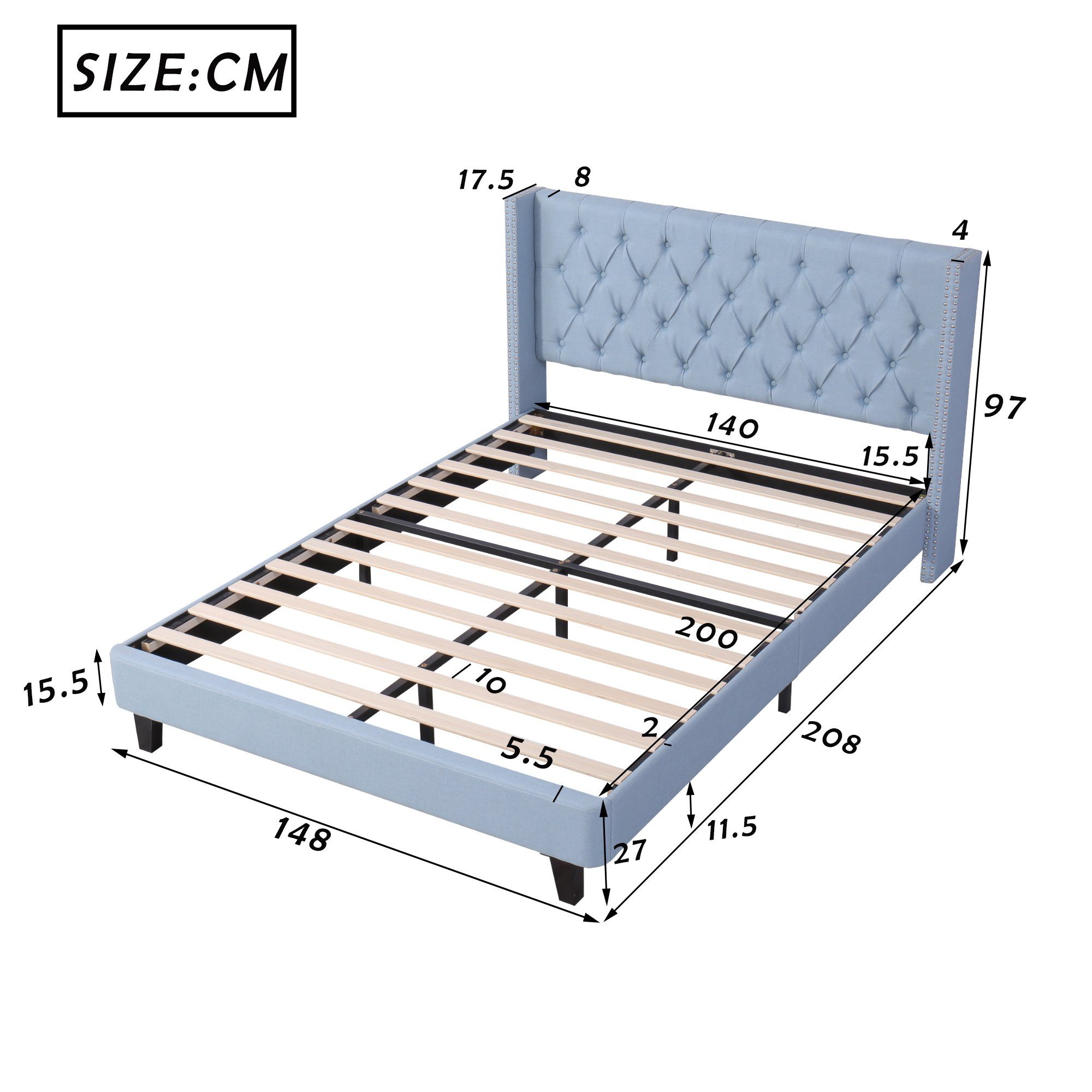 m.2 140x200 blau Odikalo 2/1 Nachttische Schlafzimmer-Set + Schubladen Doppelbett Polsterbett