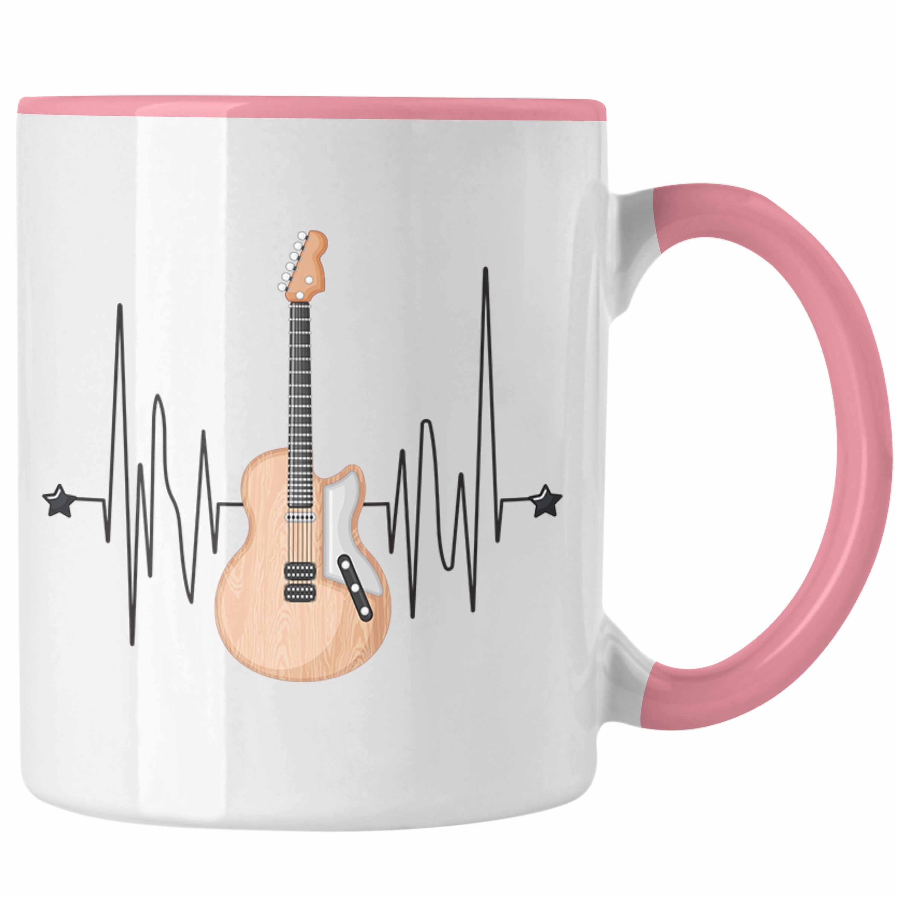 Trendation Tasse Herzschlag Tasse Gitarrenspieler für Kaf Rosa Geschenk Gitarre Geschenkidee