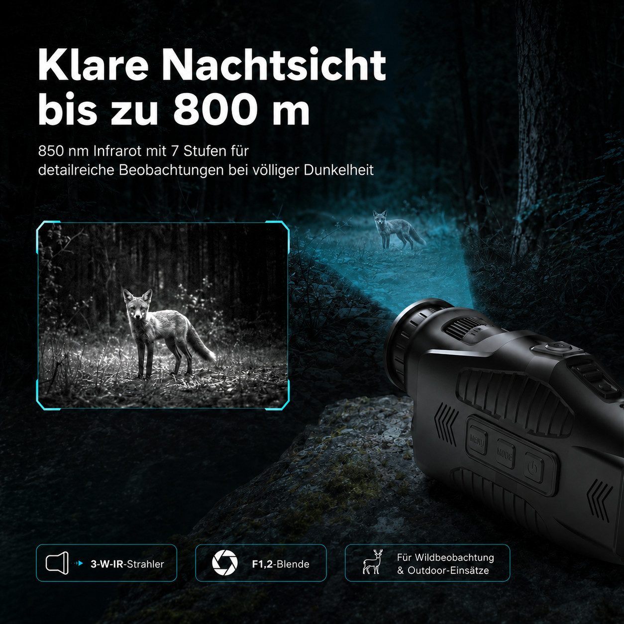 Tekoo Nachtsichtgerät Digitales Nachtsichtgerät Monokular Infrarot mit Kamera & 64GB SD, Sichtweite bis 800m bei Nacht, inkl. 64GB Speicherkarte & Kartenleser