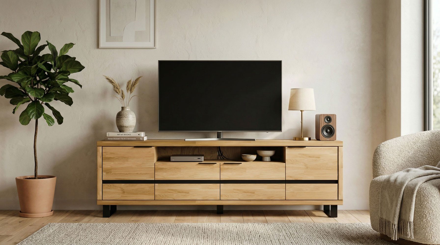 Feldmann-Wohnen Lowboard Mono (Massivholz, mit Türen, offenes Fach, 1 St., moderne Optik, Massivholz, mit Türen, offenes Fach), 200x42x64,5cm 4-türig Eiche geölt Massivholz