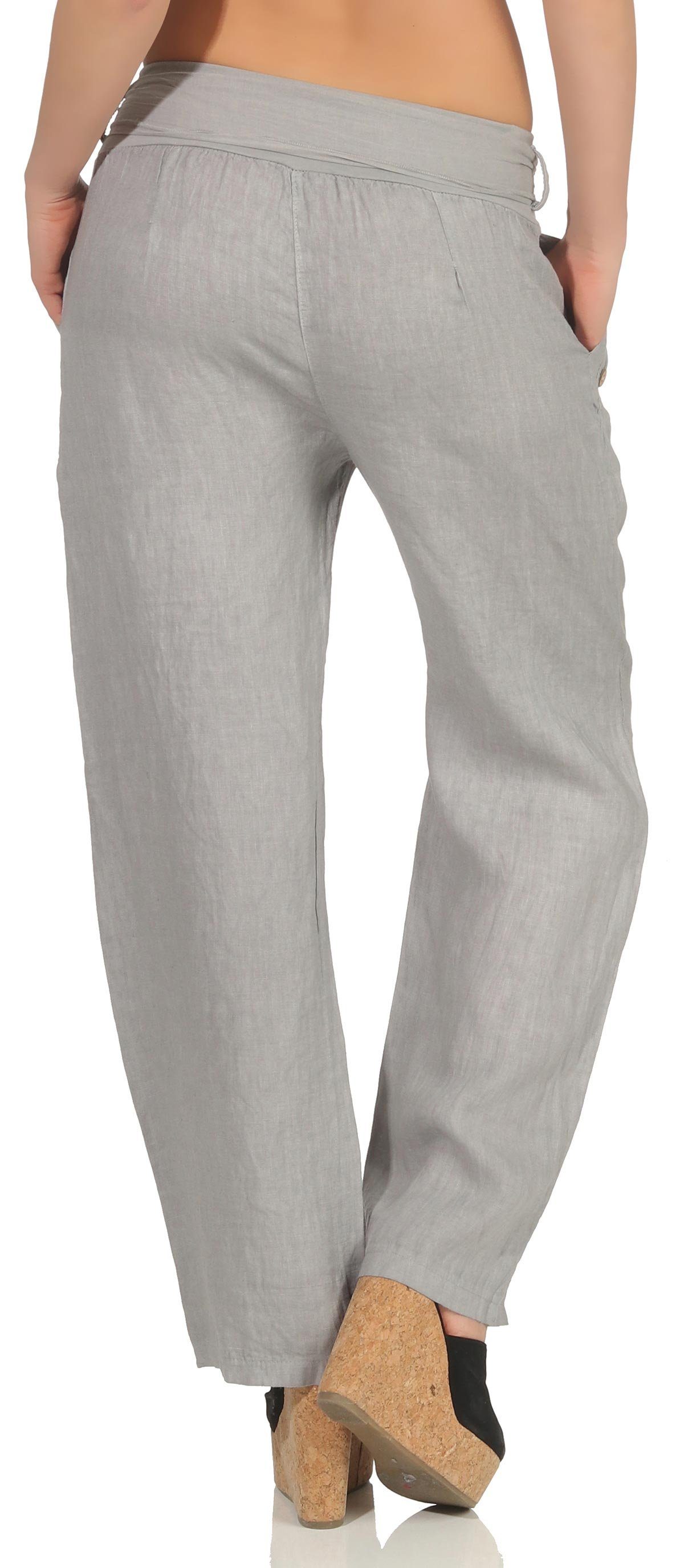 malito more than fashion Leinenhose malito Damen Hose aus Leinen, Stoffhose in Unifarben, feine Freizeit feine Leinen Hose mit Stoffbindegürtel