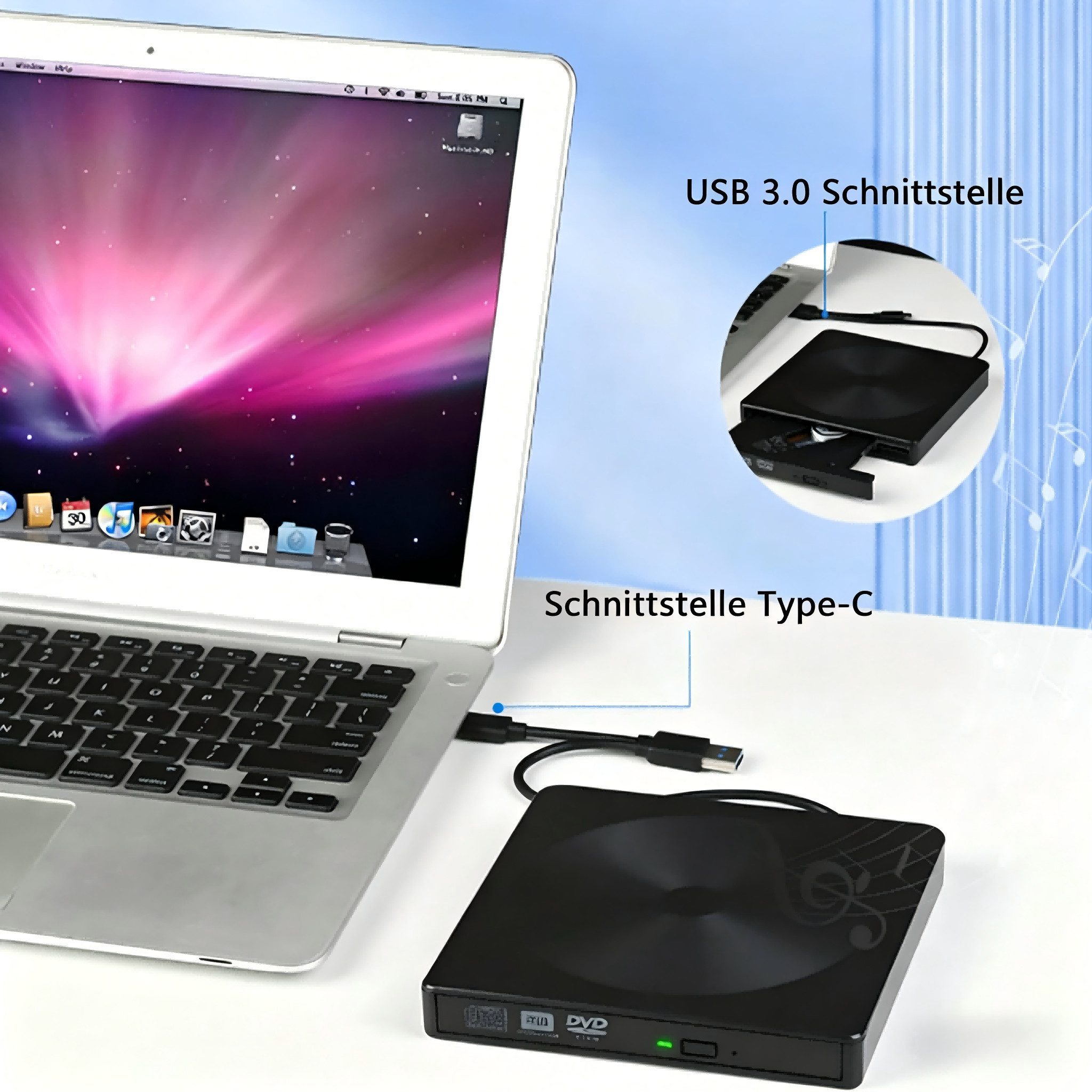 ibettertec 2-in-1 externes DVD-Laufwerk mit USB 3.0 & USB-C, DVD-Brenner (Plug & Play – kompatibel mit Laptop, PC, Mac, – CD/DVD Player & Brenner) – Bild 5 von 5