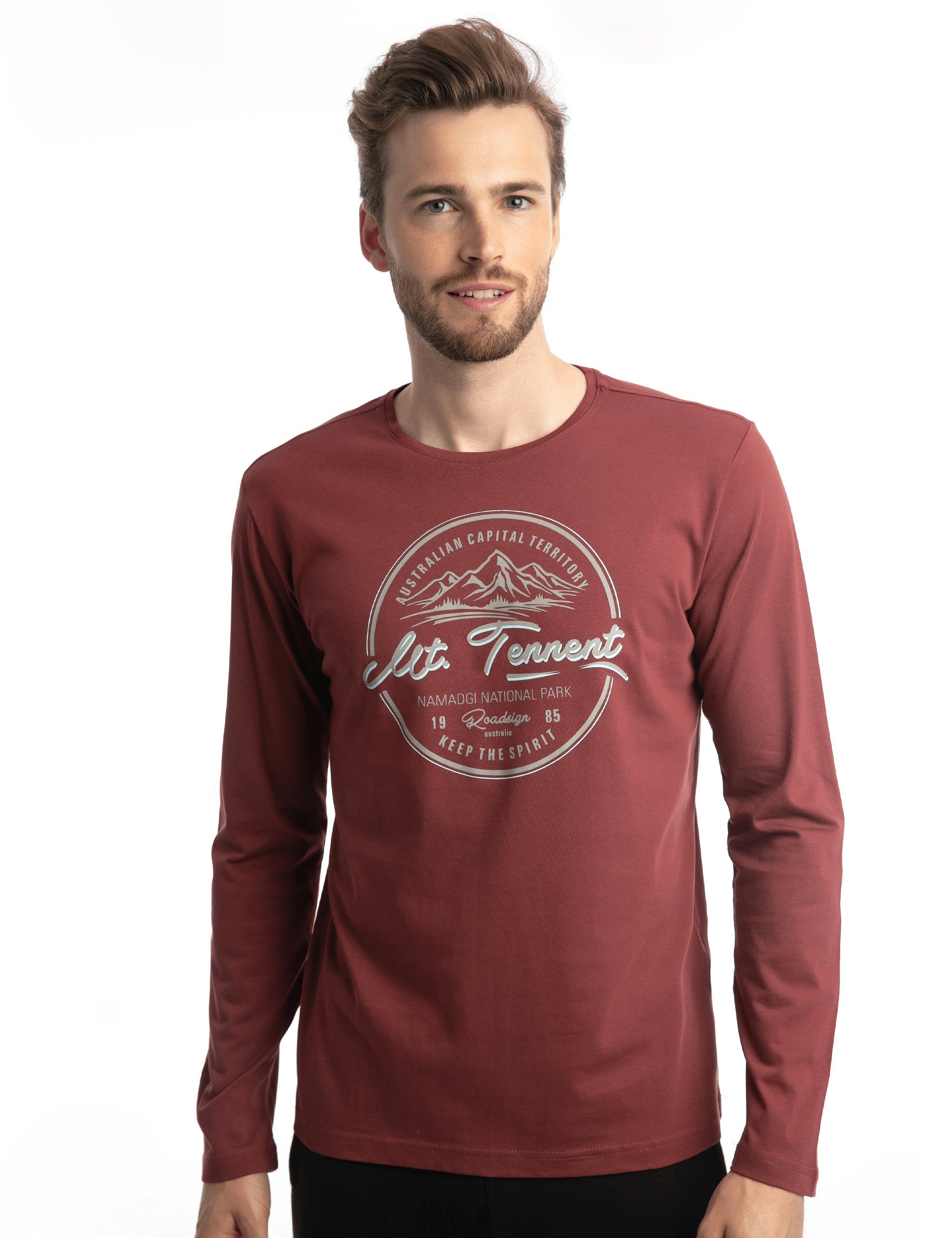 ROADSIGN australia Langarmshirt Tennet (1, 1-tlg) mit Rundhalsausschnitt, Aufdruck "Mount Tennet", 100% Baumwolle Rot