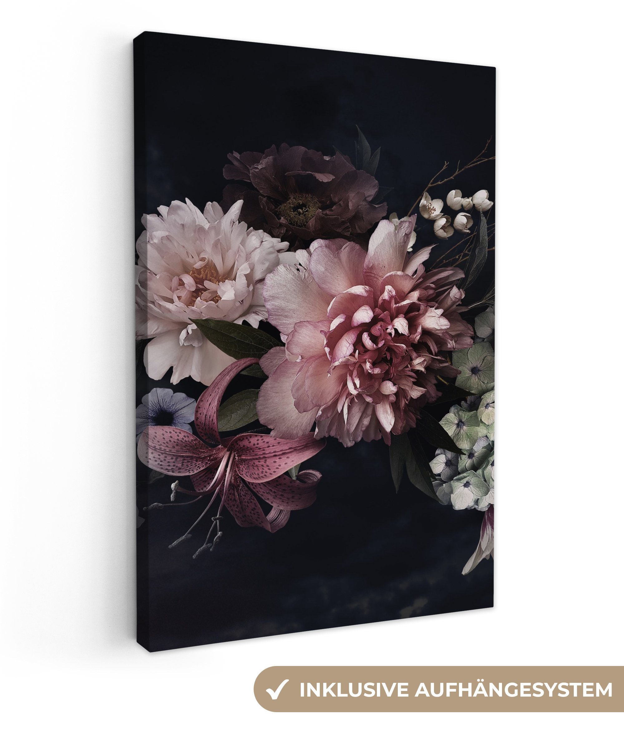 OneMillionCanvasses® Leinwandbild Blumen - Vintage - Pastell - Schwarz - Blumenstrauß, Fotodruck (1 St), Leinwand Canvas Wandbild, Wanddekoration 20x30 cm