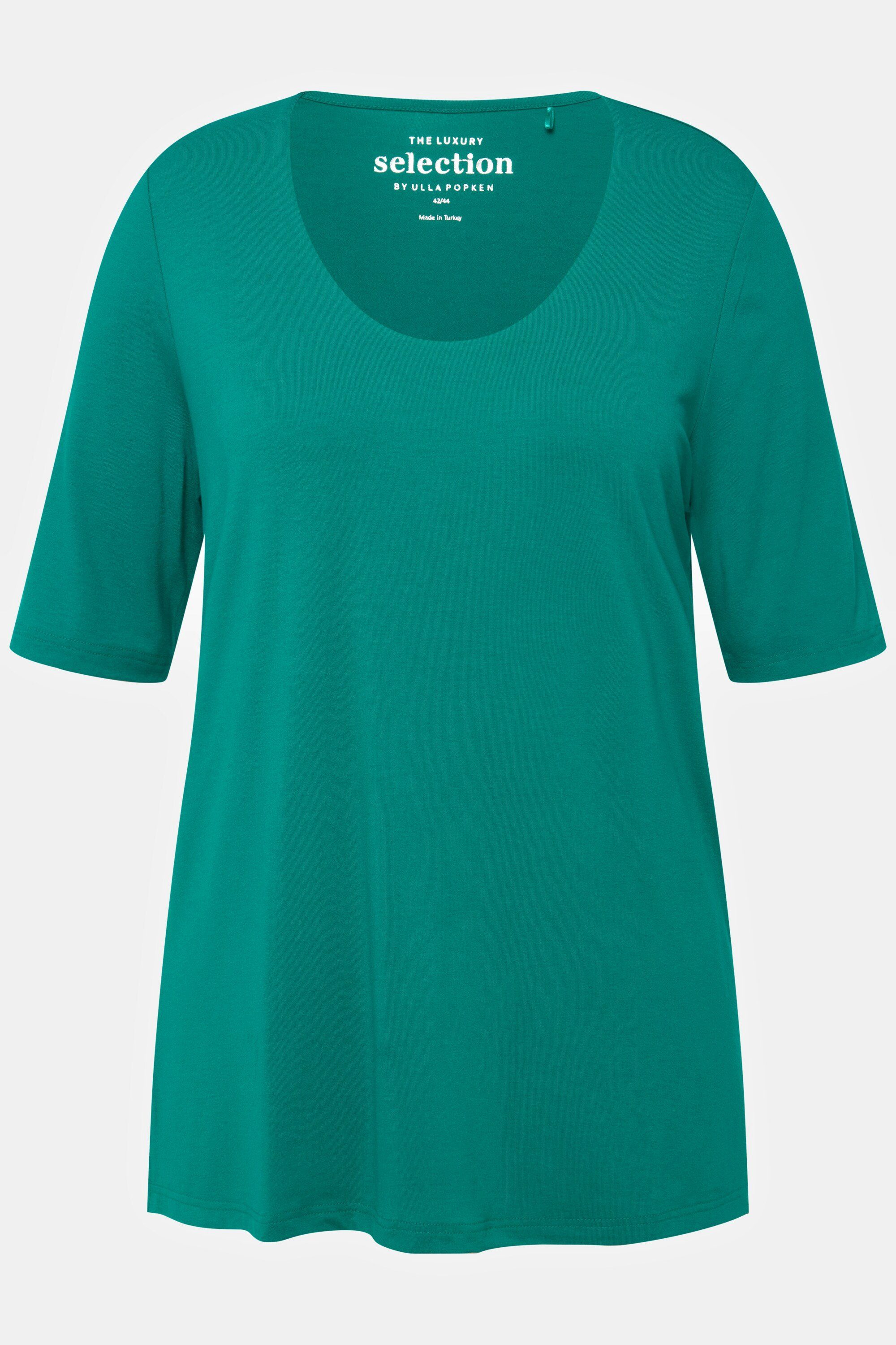 Ulla Popken Rundhalsshirt T-Shirt doppellagig vorne grünblau Halbarm V-Ausschnitt