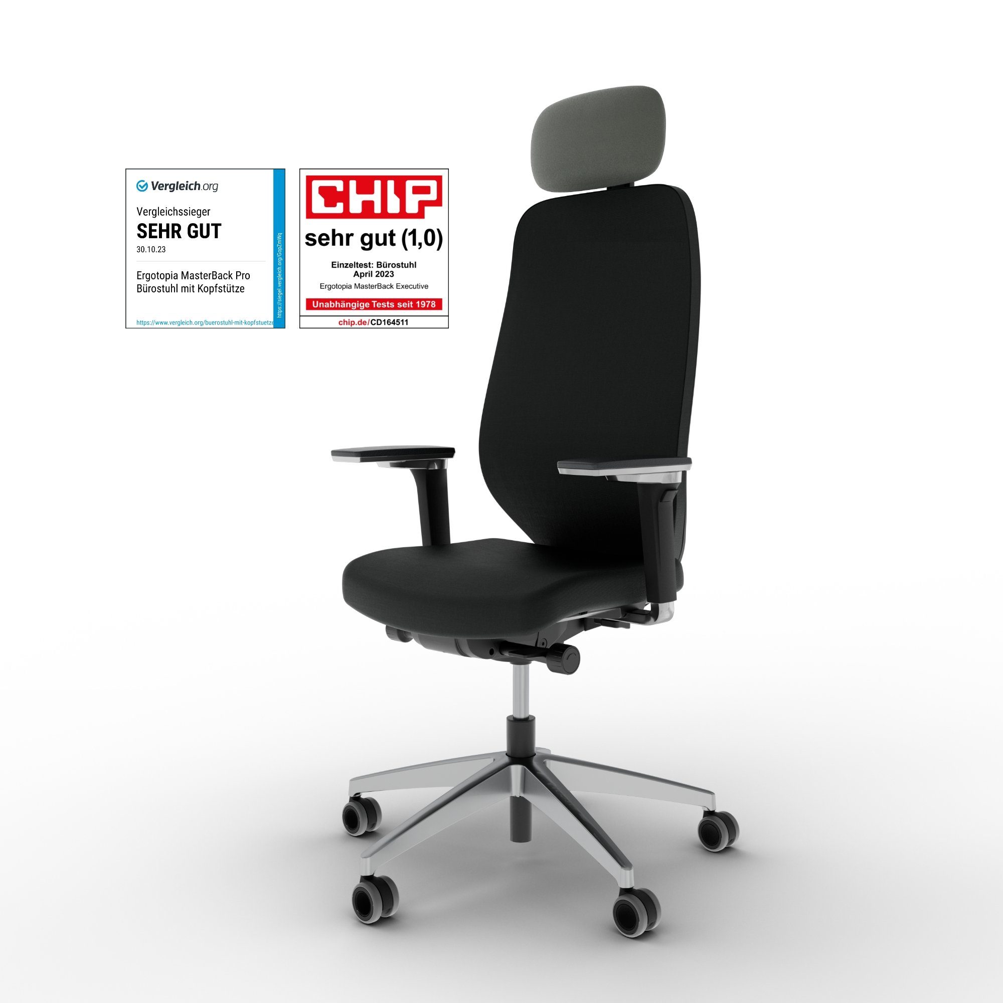 Ergotopia Bürostuhl MasterBack ergonomischer Schreibtischstuhl mit Kopfstütze, 5D Armlehnen, 3D Neigungsmechanik, Synchronmechanik