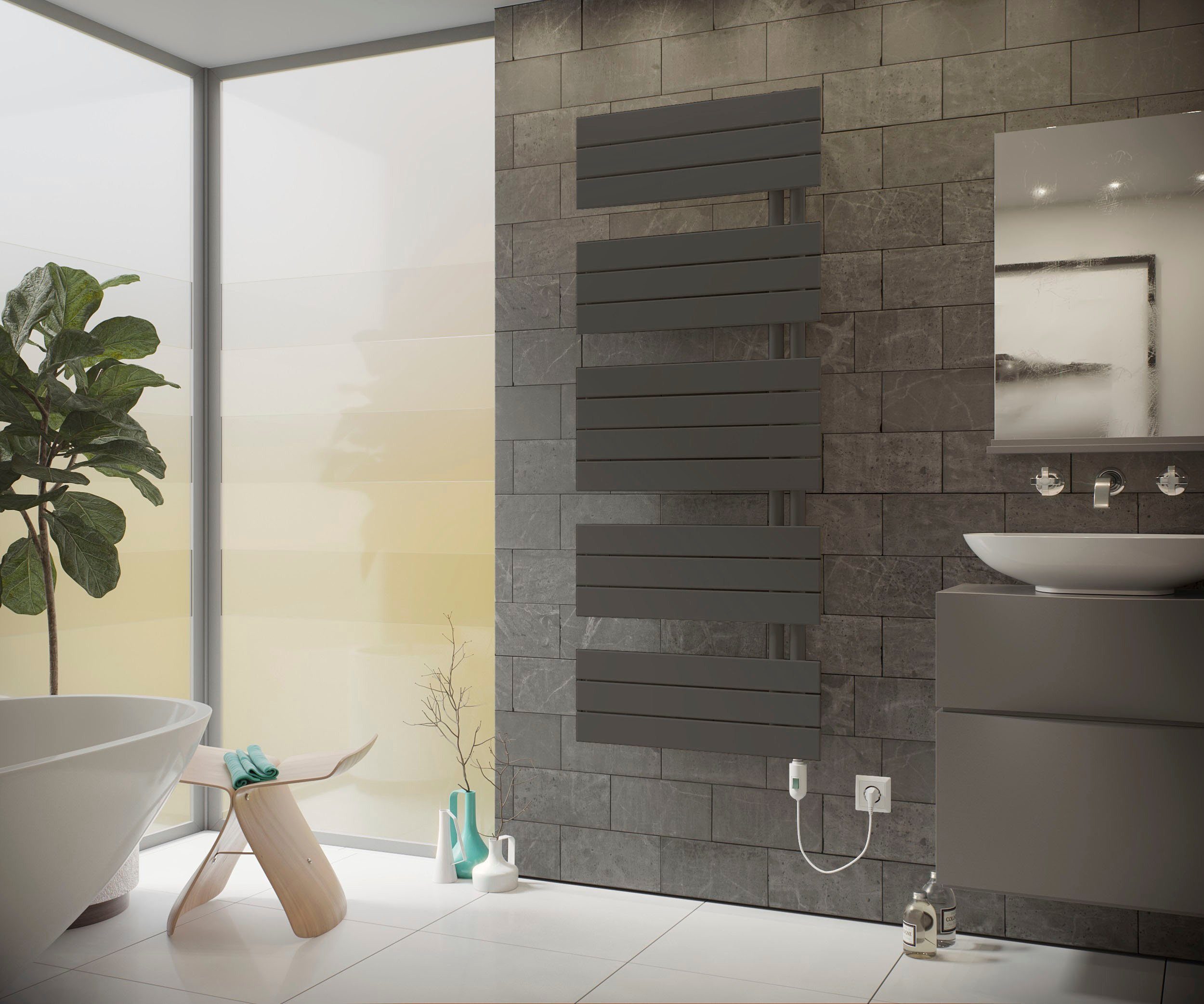 Ximax Elektrischer Badheizkörper P2-Open, 1720 mm x 600 mm, 900 Watt, Heizstab Typ 2, Anthrazit