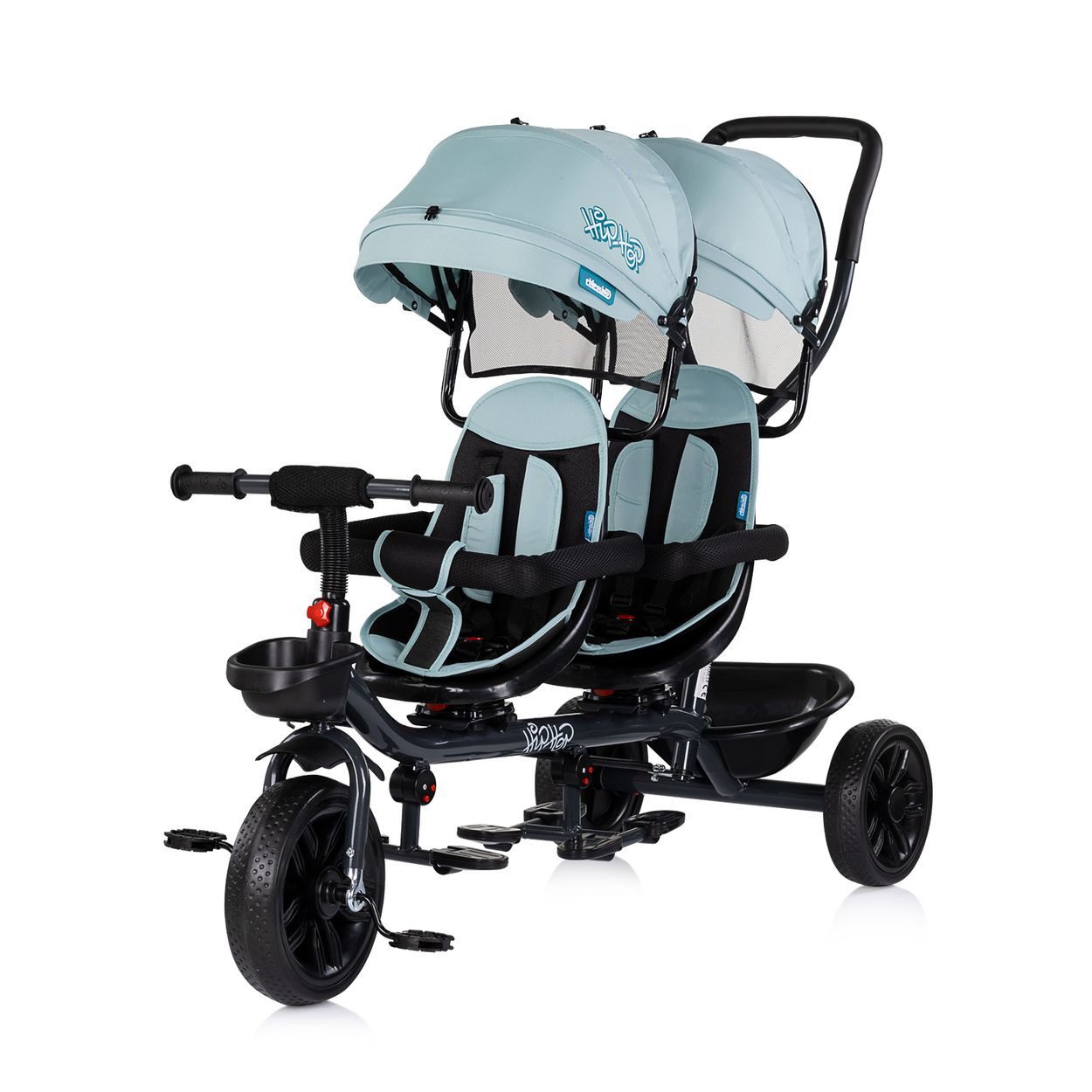 Babyshoppen Dreirad Hip Hop, Geschwister, zwei Kinder, 360° drehbare Sitze, Schiebegriff, Gurte