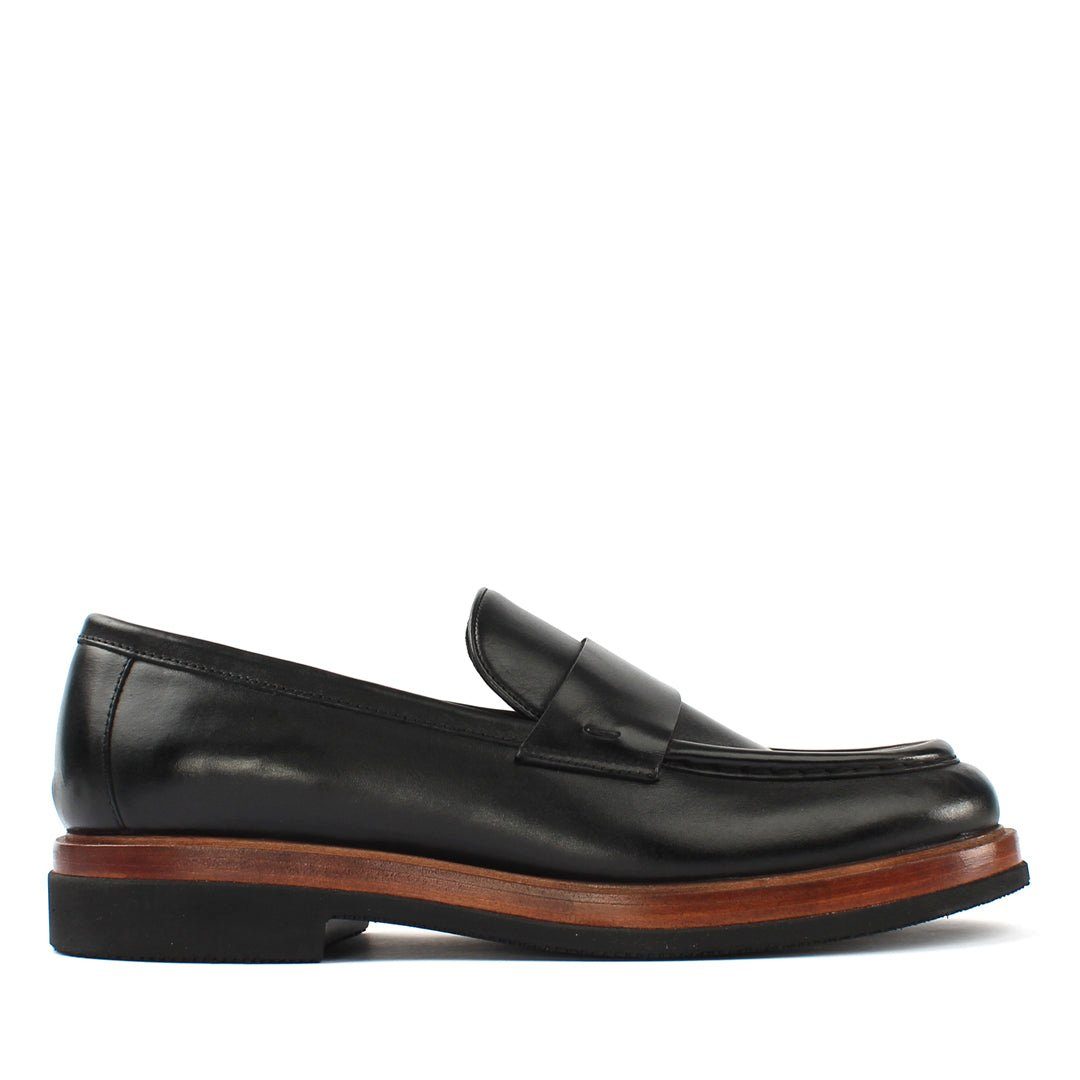 Celal Gültekin Leder-Loafer Slip-On Plateau Blockabsatz Glattleder Business Herren Loafer Glattleder, Echtleder-Futter, Holzoptik-EVA-Sohle, Schwarz, 41