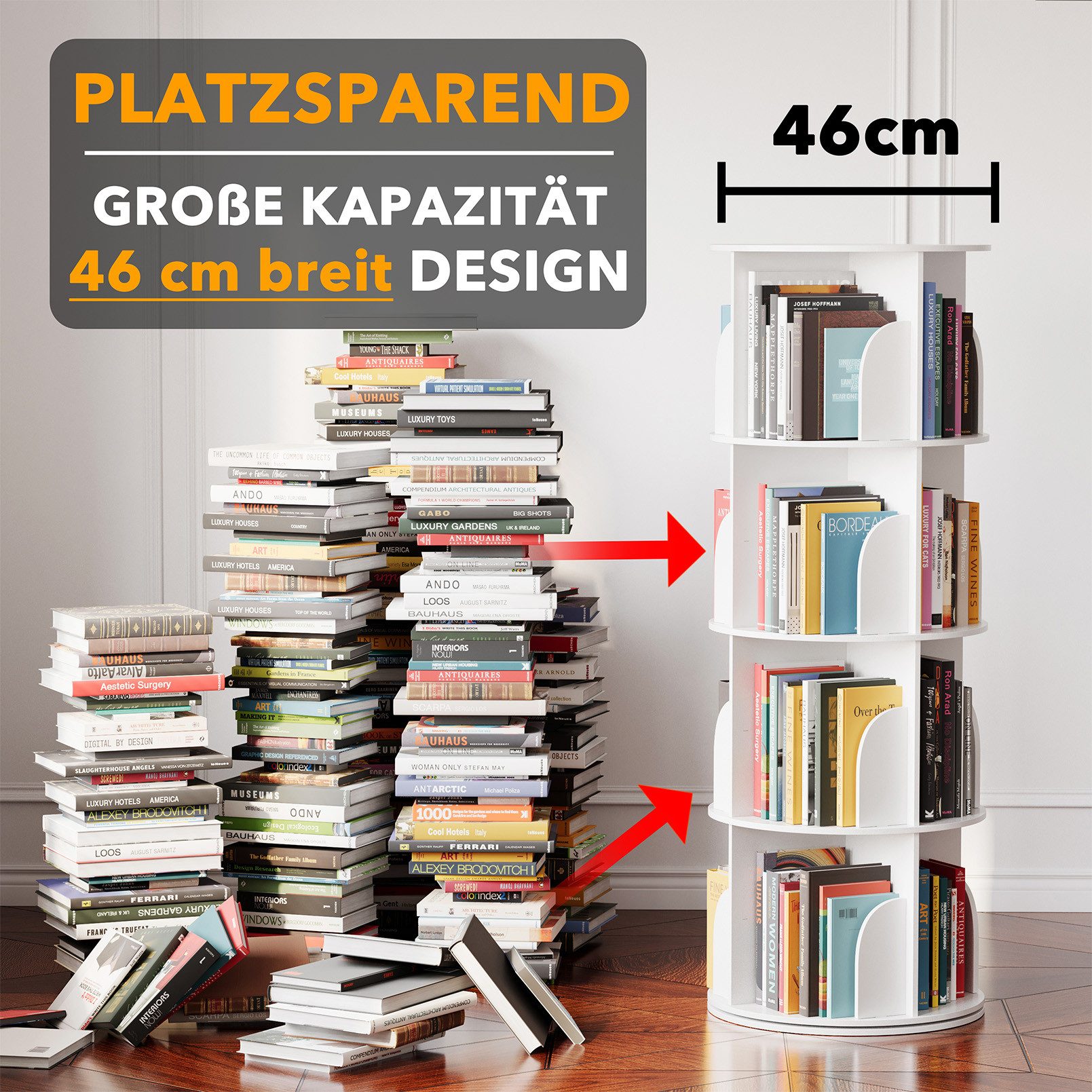 SpaceAid Bücherregal 360-Grad drehbares Bücherregal, 1-tlg., Standregal mit 4 Ebenen, weiß