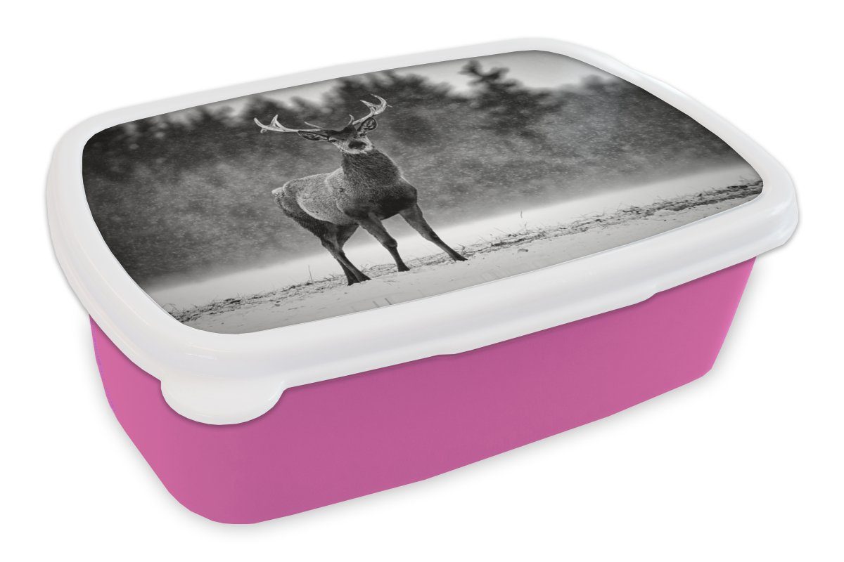 MuchoWow Lunchbox Tiere - Hirsche - Winter - Schwarz - Weiß, Kunststoff, (2-tlg), Brotbox für Erwachsene, Brotdose Kinder, Snackbox, Mädchen, Kunststoff rosa