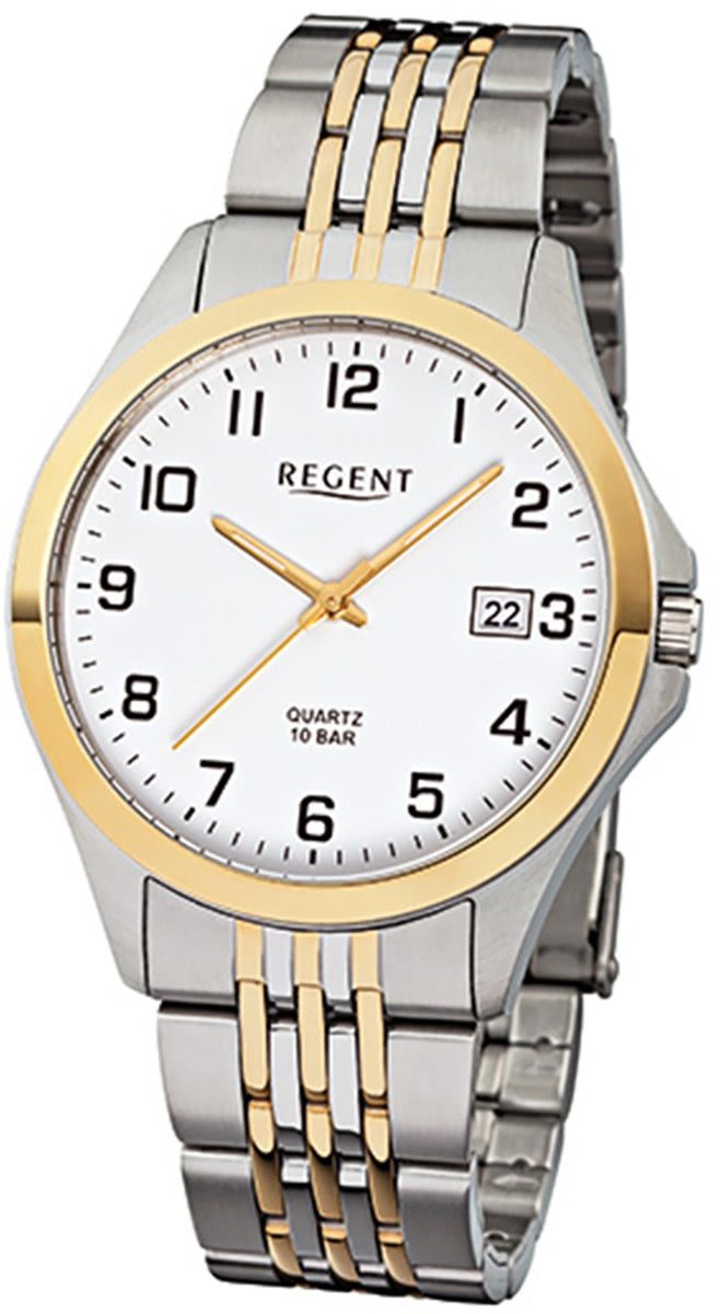 Regent Quarzuhr Regent Herren-Armbanduhr silber gold Analog, (Analoguhr), Herren Armbanduhr rund, mittel (ca. 39mm), Edelstahlarmband