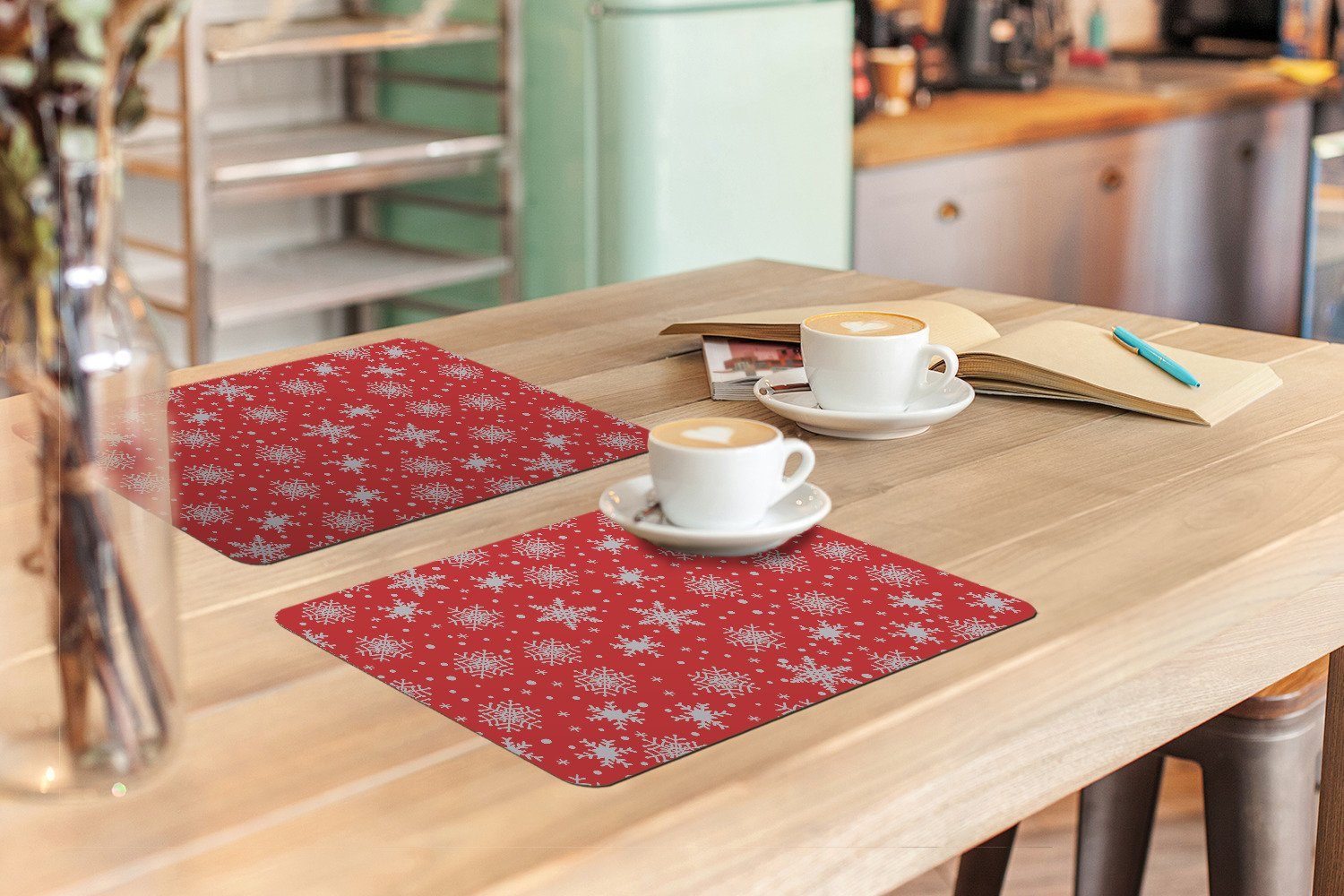 MuchoWow Platzset Muster - Schneeflocke - Weihnachten - Rot - Weiß, (6-St), Platzsets, Tischset, Abwaschbar, Tischsets, Platzdeckchen