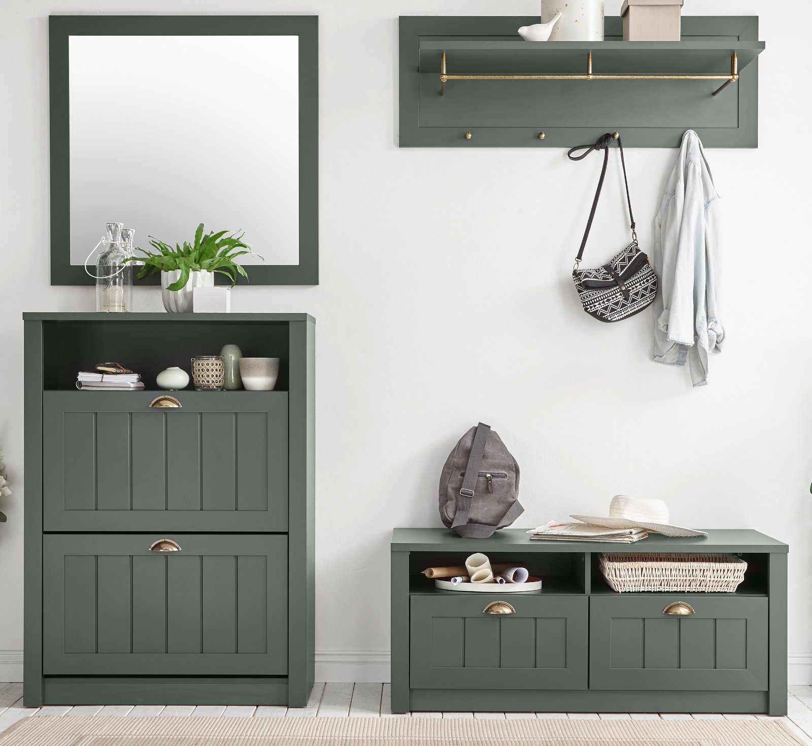 Furn.Design Garderoben-Set Forres, (Flurgarderobe in Landhaus Grün, Set 4-teilig), mit Bank und Schuhkipper