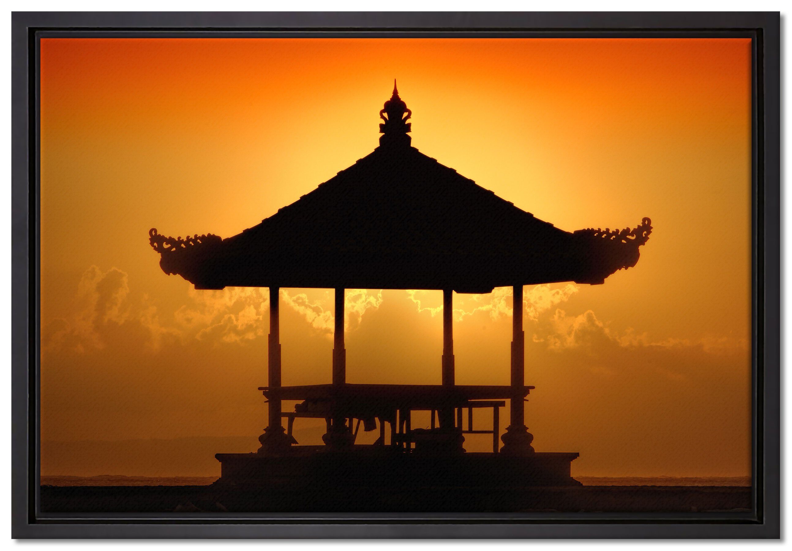 (1 im fertig Pixxprint Sonnenuntergang, Bali in inkl. bespannt, Leinwandbild Leinwandbild Schattenfugen-Bilderrahmen gefasst, Wanddekoration St), Pagode Zackenaufhänger einem in