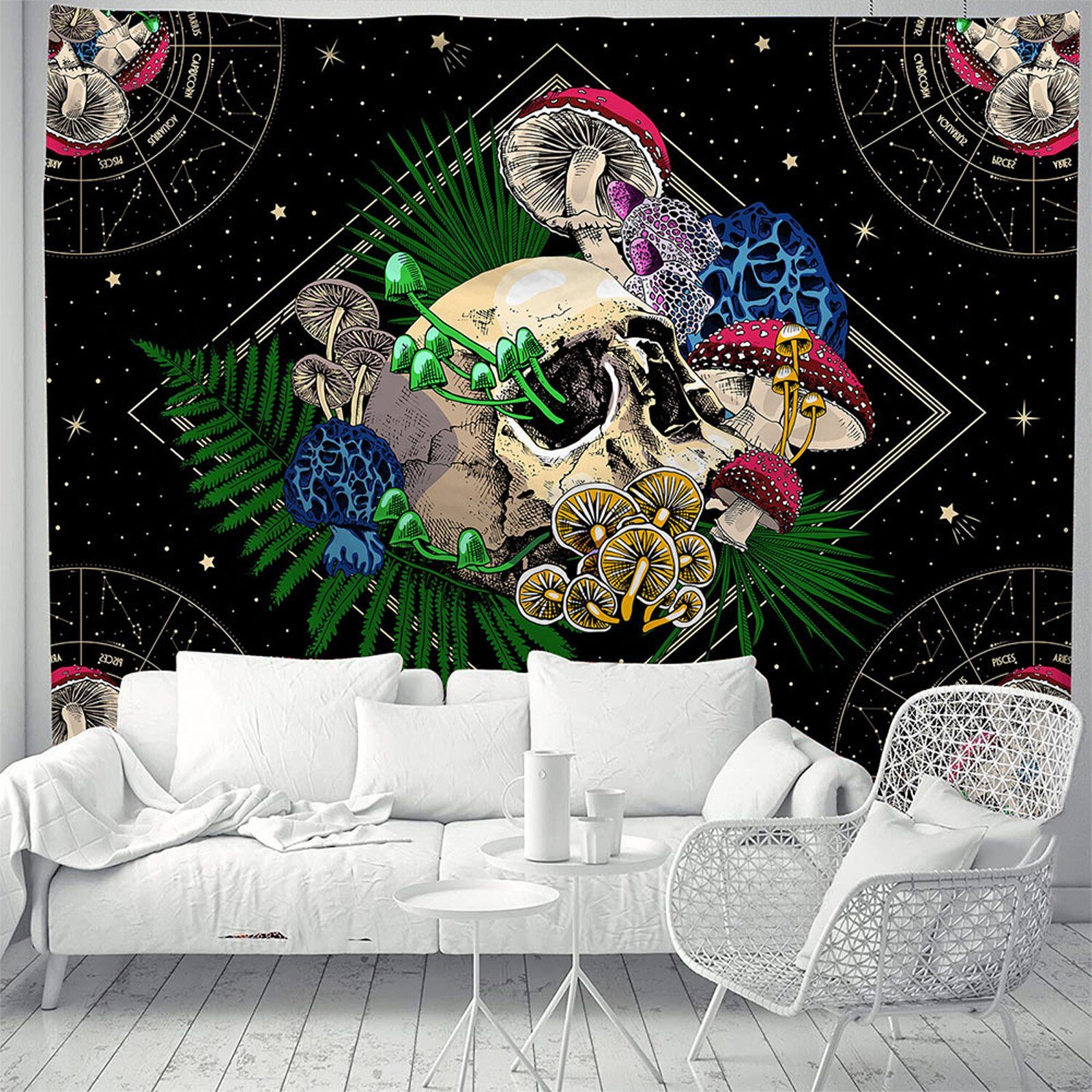 Tapestry, Wandtücher Wandteppich Wandbehang Wanddeko Wandkunst 130cm) Zimmer des mm, Lebens (150 Lebensbaum für Wandtuch Wandteppich Baum CALIYO, 130 x Weiß Pilz Höhe: Schwarz