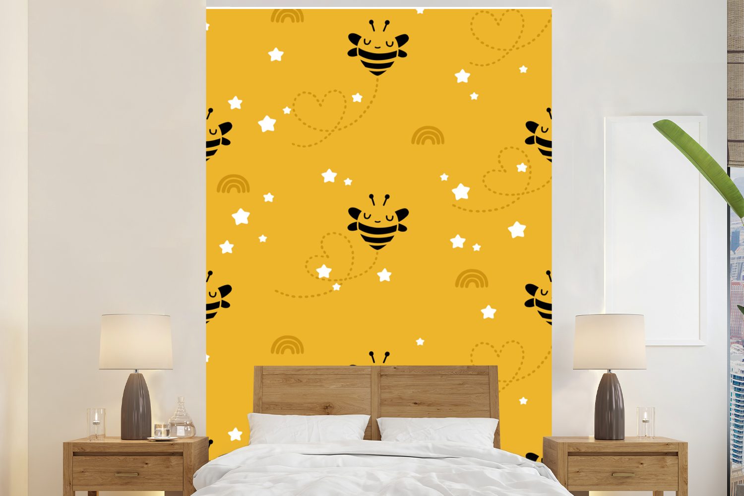 MuchoWow Fototapete Muster - Bienen - Sterne, Matt, bedruckt, (3 St), Montagefertig Vinyl Tapete für Wohnzimmer, Wandtapete