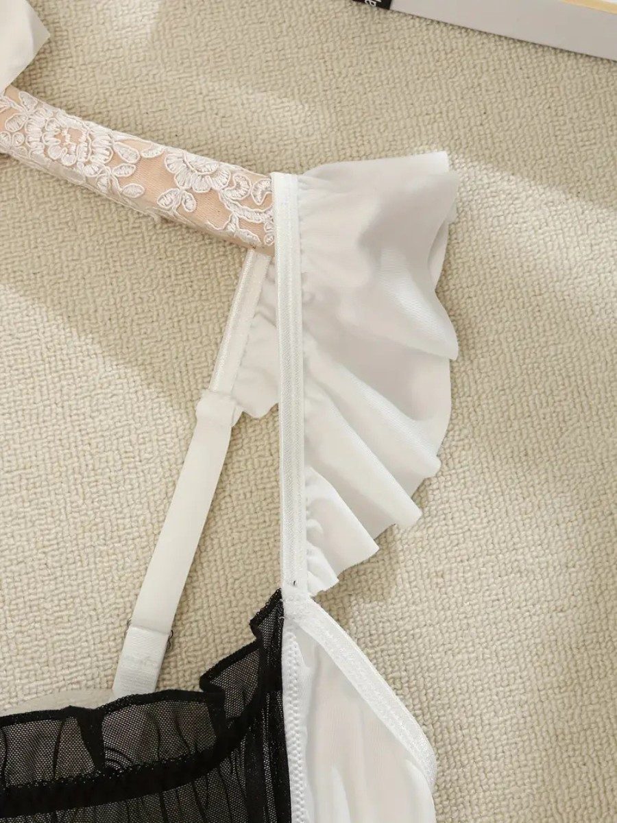 Elegant Love Babydollkleid Kurzes Negligé mit Spitzenbesatz – Nachtwäsche mit Rüschenärmeln Sexy Damen Dessous & Reizwäsche – Satinkleid als elegante Loungewear