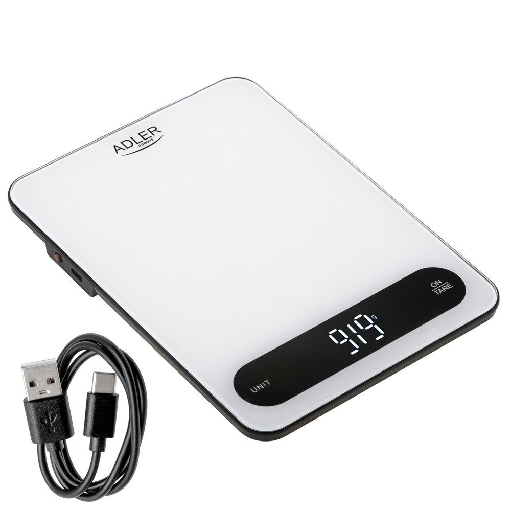 ADLER EUROPE Küchenwaage AD 3177wb Digital bis 10 kg, Elektronische Haushaltswaage, Tara Funktion, USB-C aufladbar, Kochen, Backen, Glaswaage, Weiß